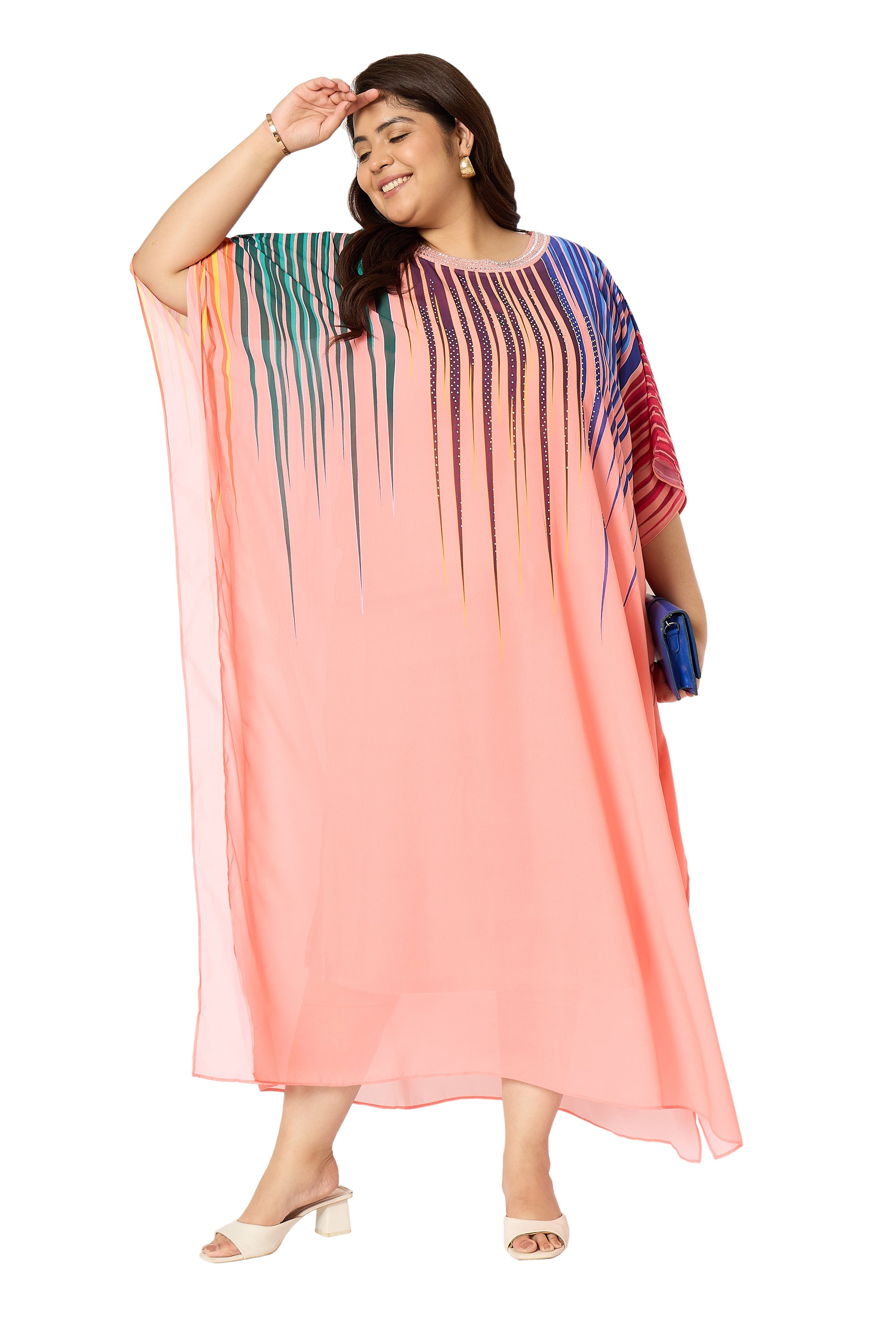 Leaf Print Pink Georgette Plus Size Kaftan Loungewear House Dresses for Women