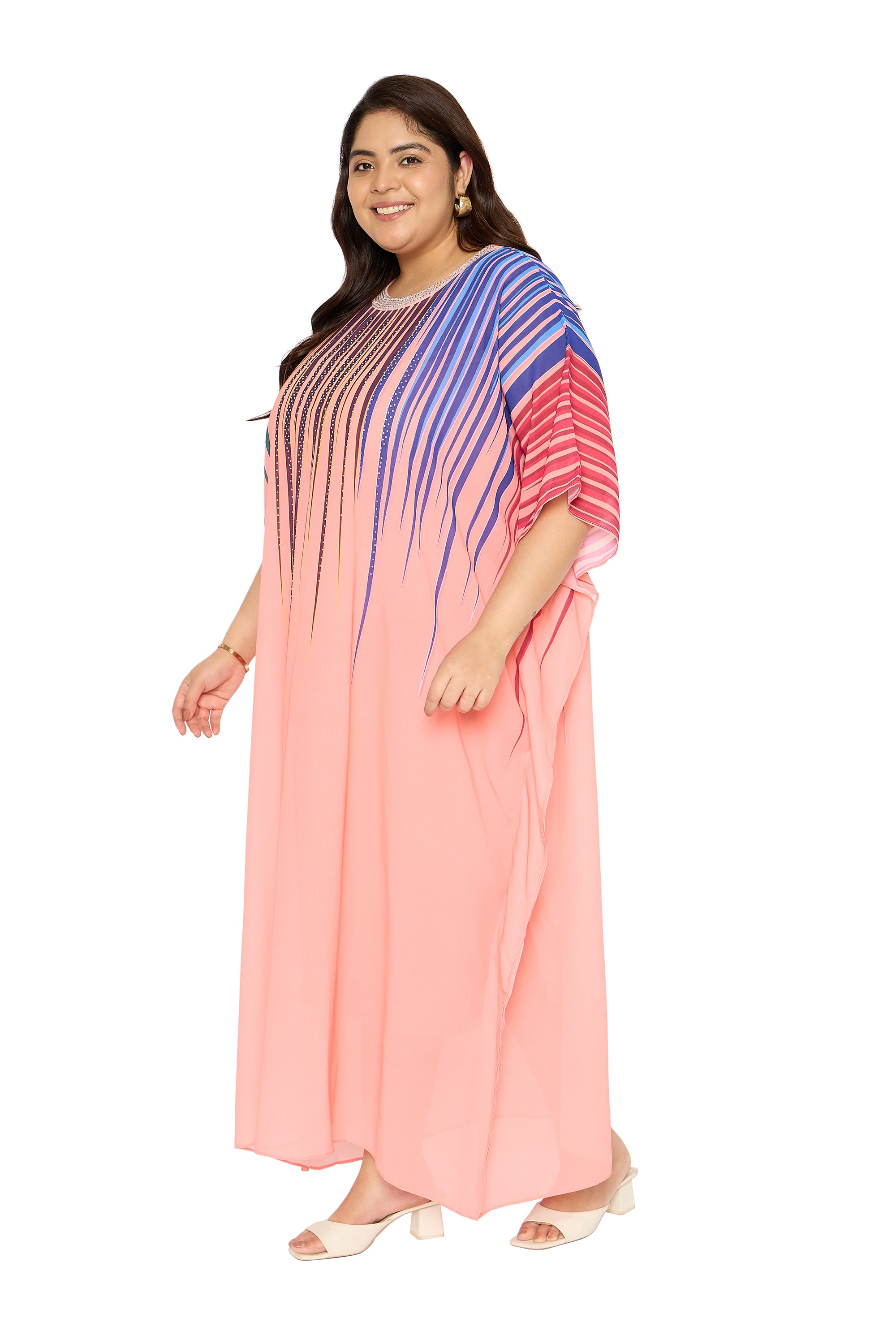 Leaf Print Pink Georgette Plus Size Kaftan Loungewear House Dresses for Women