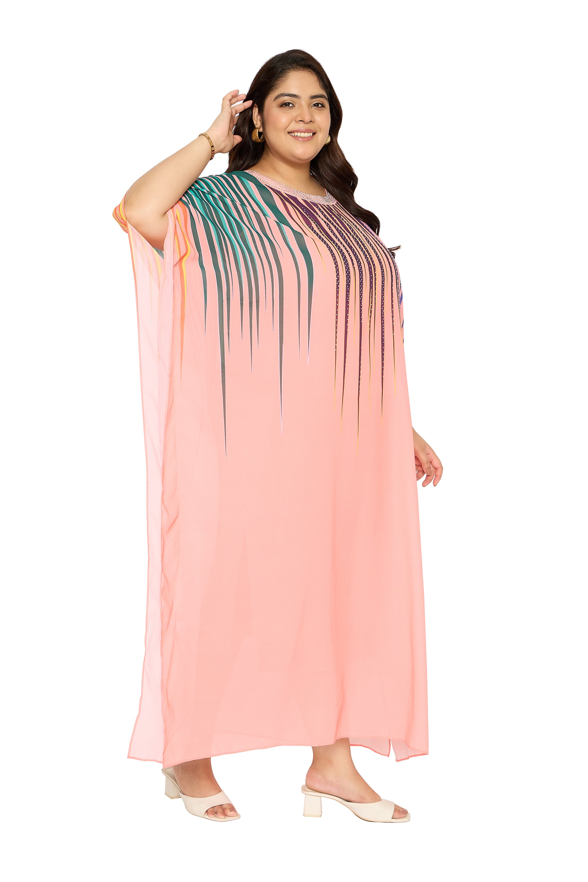 Leaf Print Pink Georgette Plus Size Kaftan Loungewear House Dresses for Women