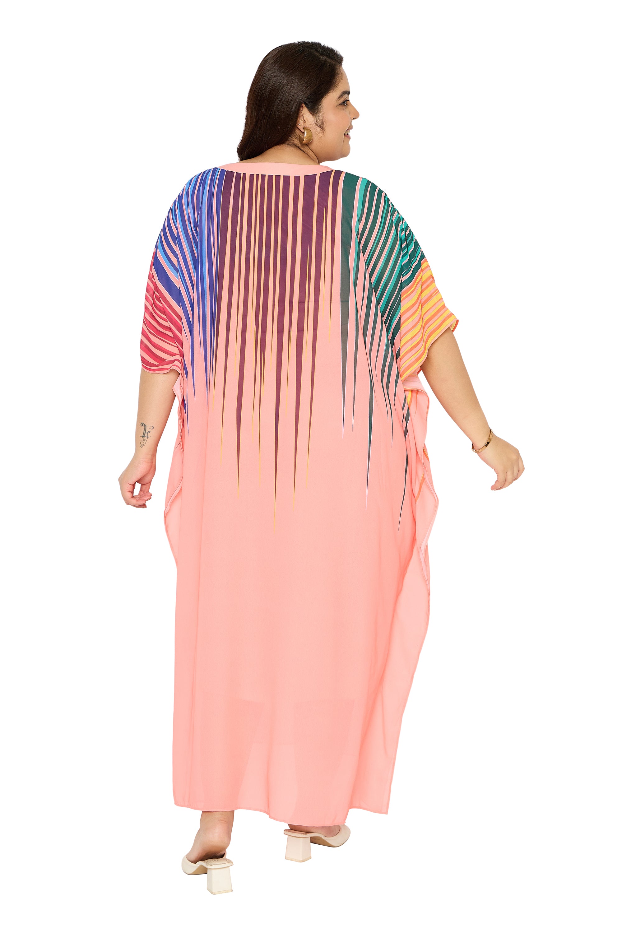 Leaf Print Pink Georgette Plus Size Kaftan Loungewear House Dresses for Women