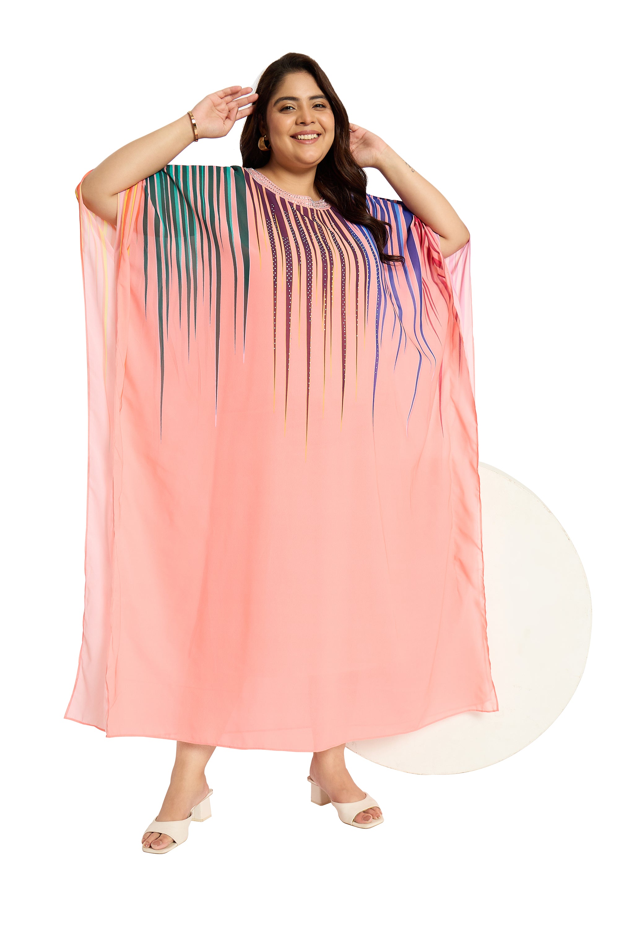 Leaf Print Pink Georgette Plus Size Kaftan Loungewear House Dresses for Women