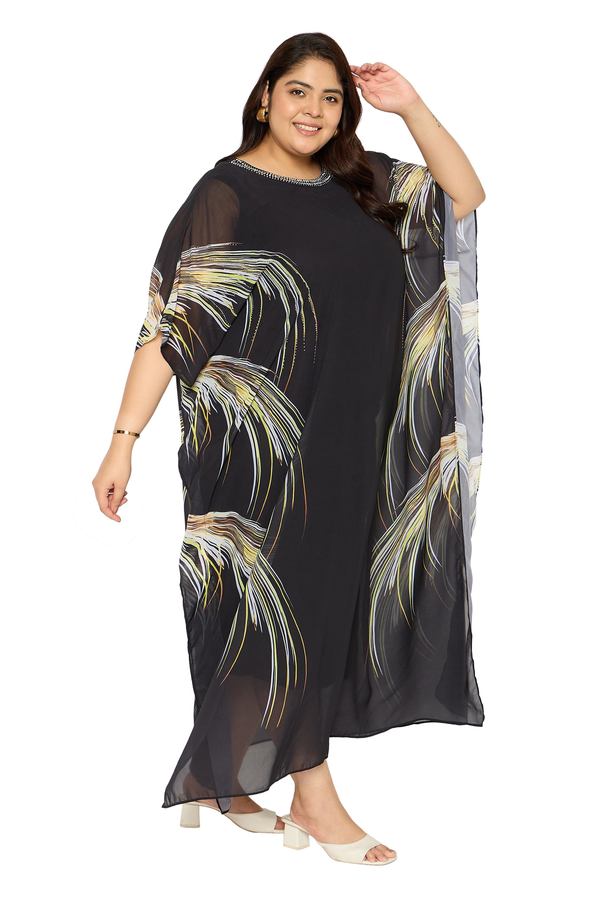 Black Leaf Georgette Plus Size Kaftan Dresses for Women