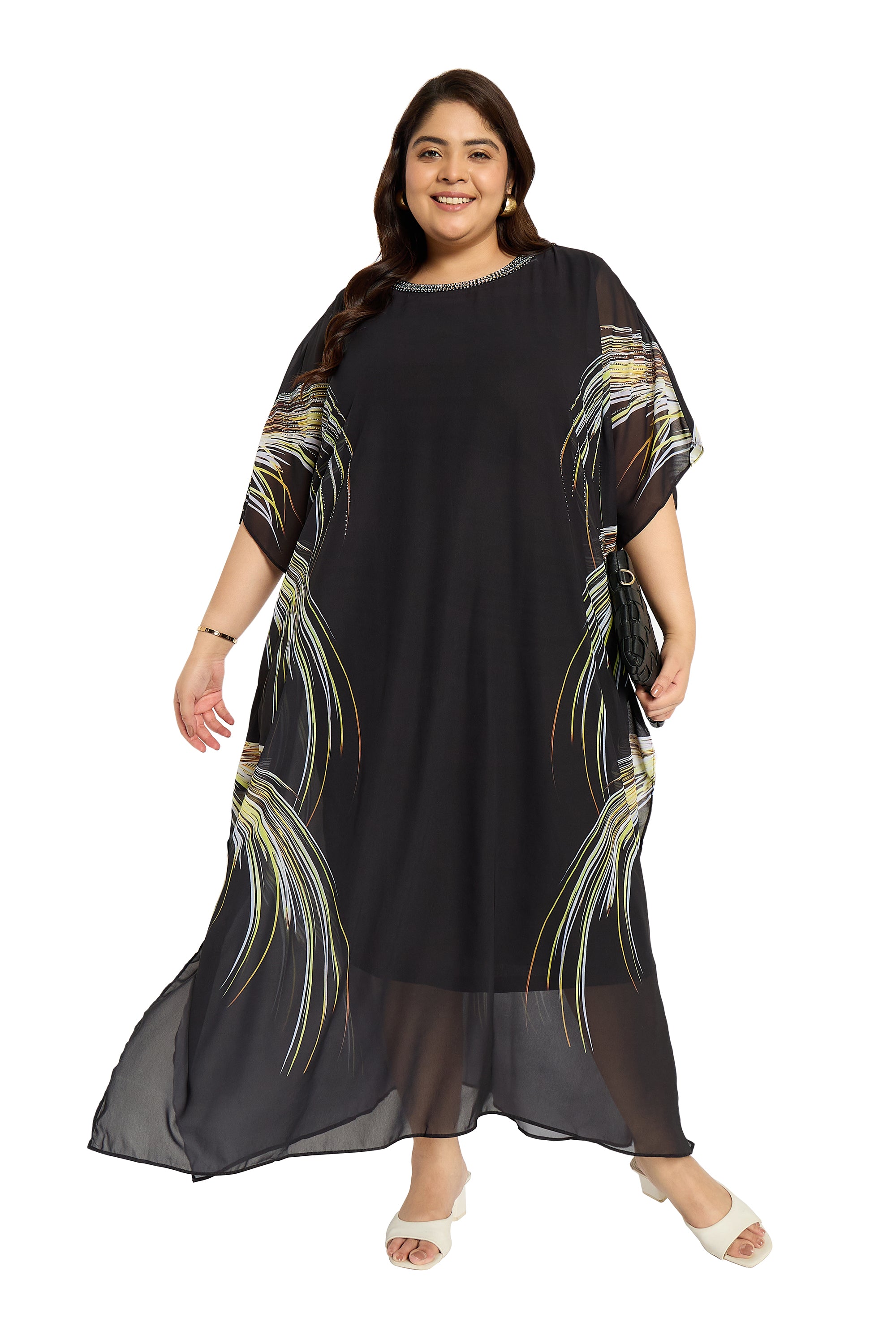 Black Leaf Georgette Plus Size Kaftan Dresses for Women