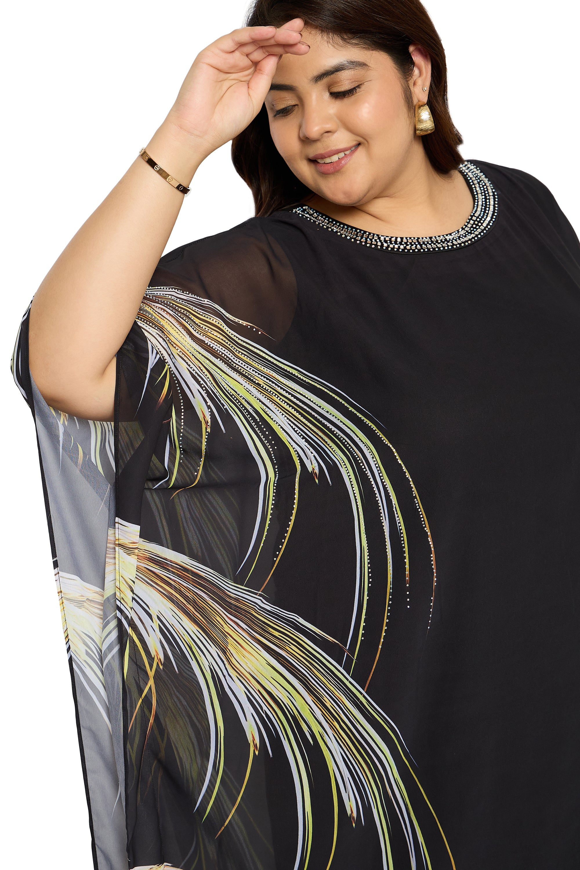 Black Leaf Georgette Plus Size Kaftan Dresses for Women