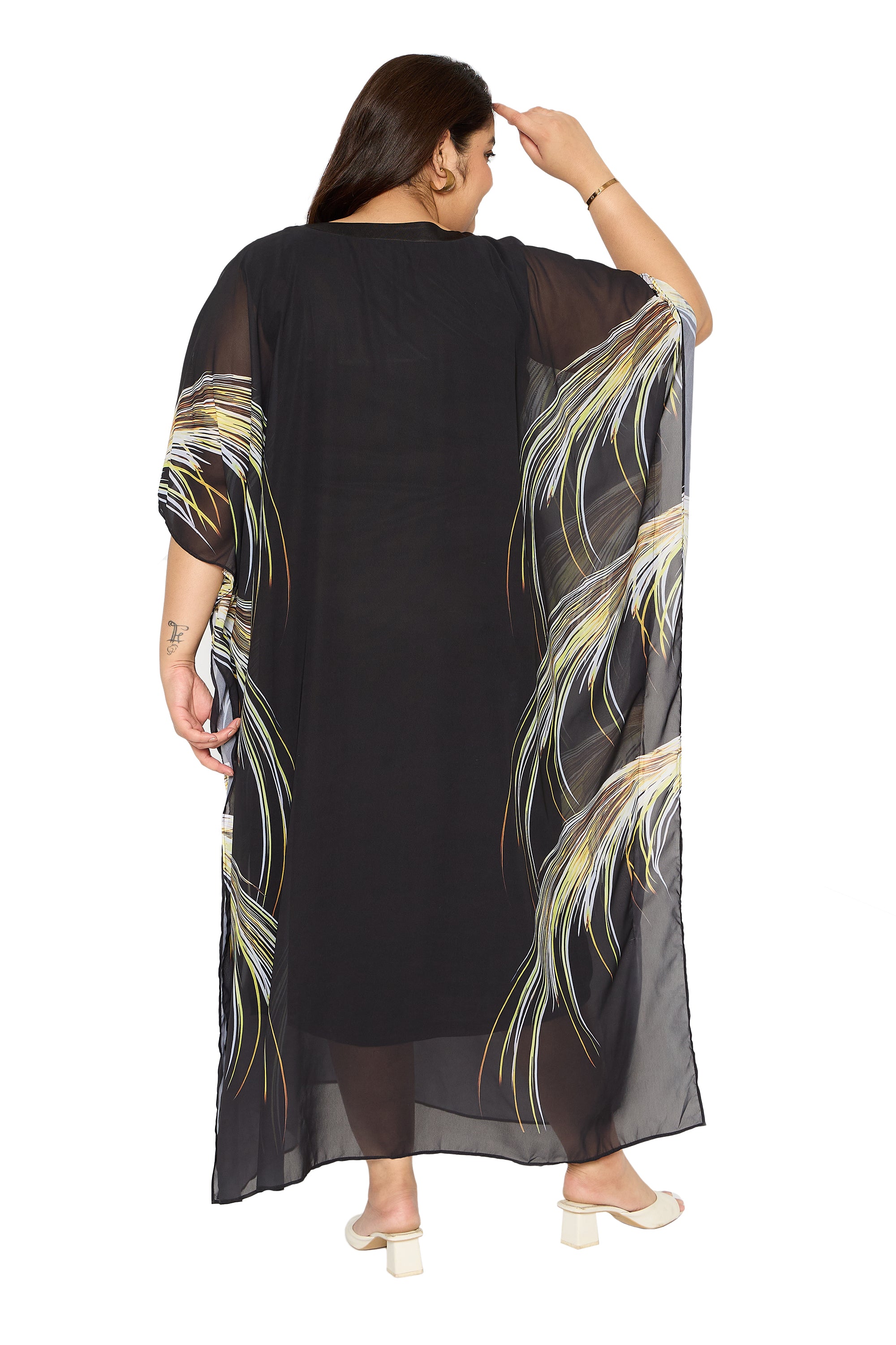 Black Leaf Georgette Plus Size Kaftan Dresses for Women