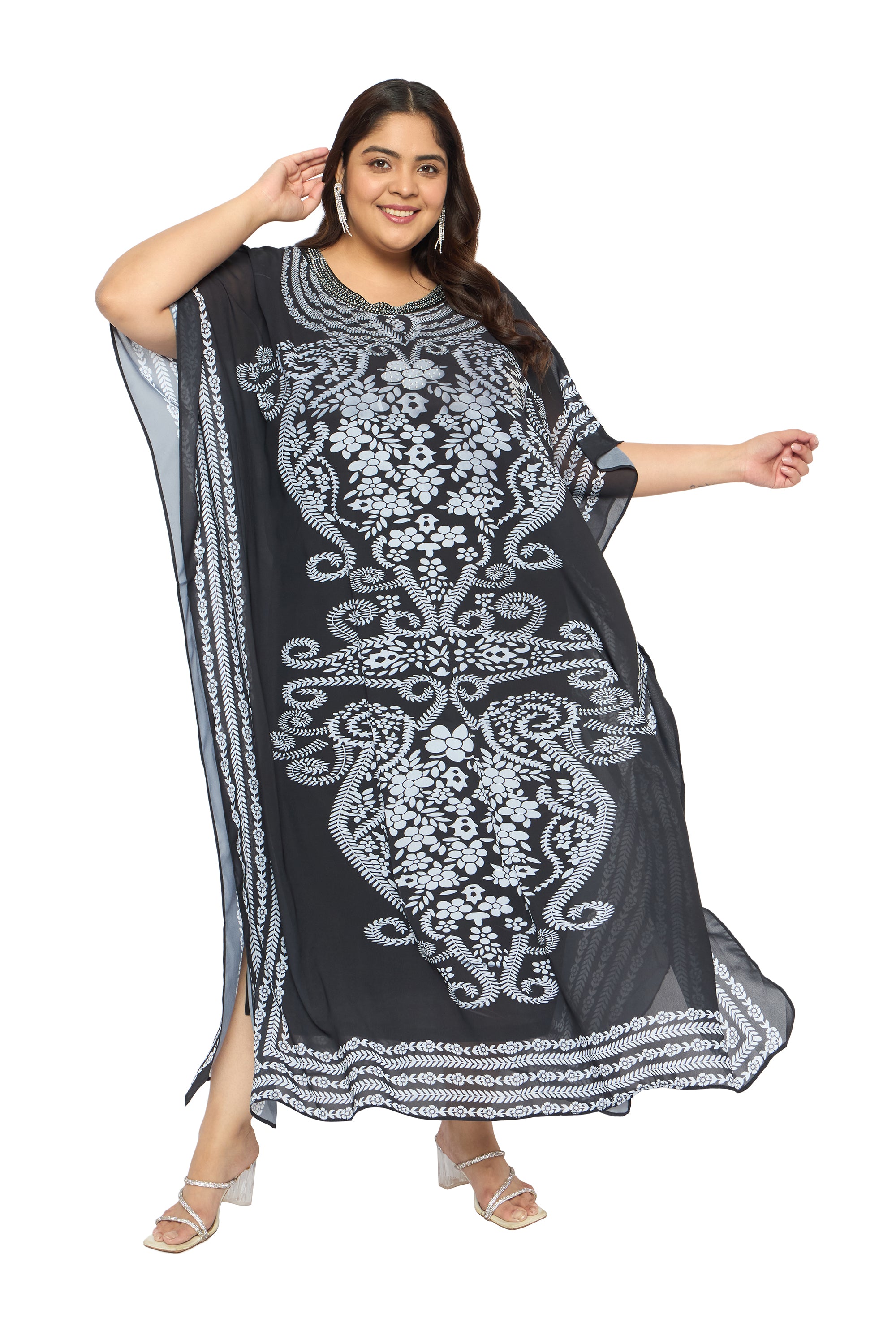 Black Floral Georgette Plus Size Caftan Dress Beach Cover up Kaftan for Women