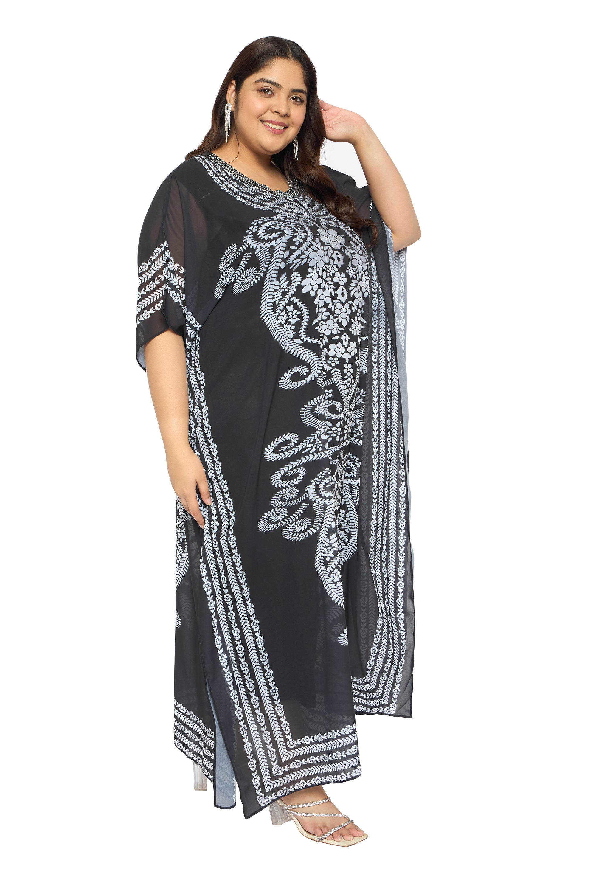 Black Floral Georgette Plus Size Caftan Dress Beach Cover up Kaftan for Women