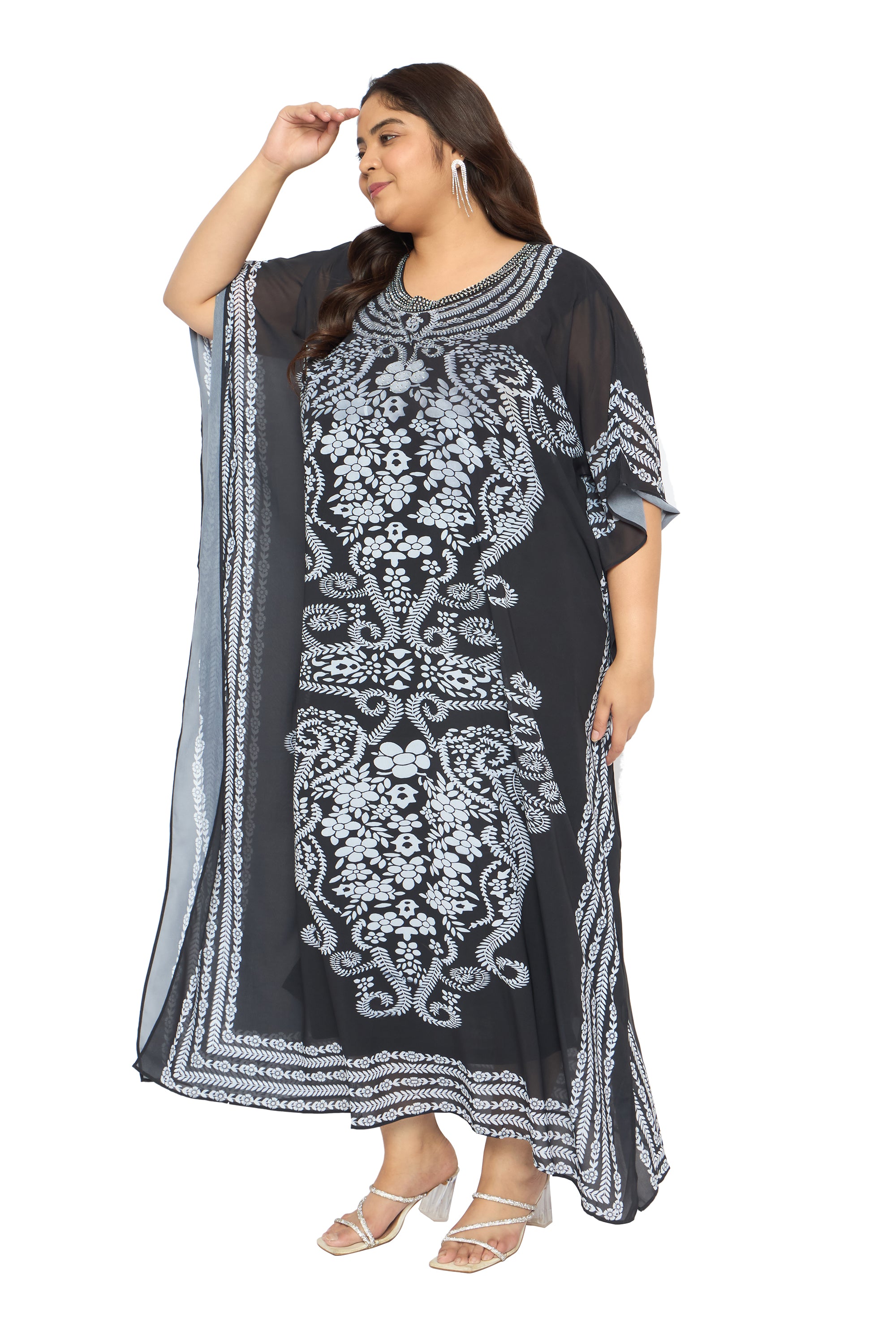 Black Floral Georgette Plus Size Caftan Dress Beach Cover up Kaftan for Women