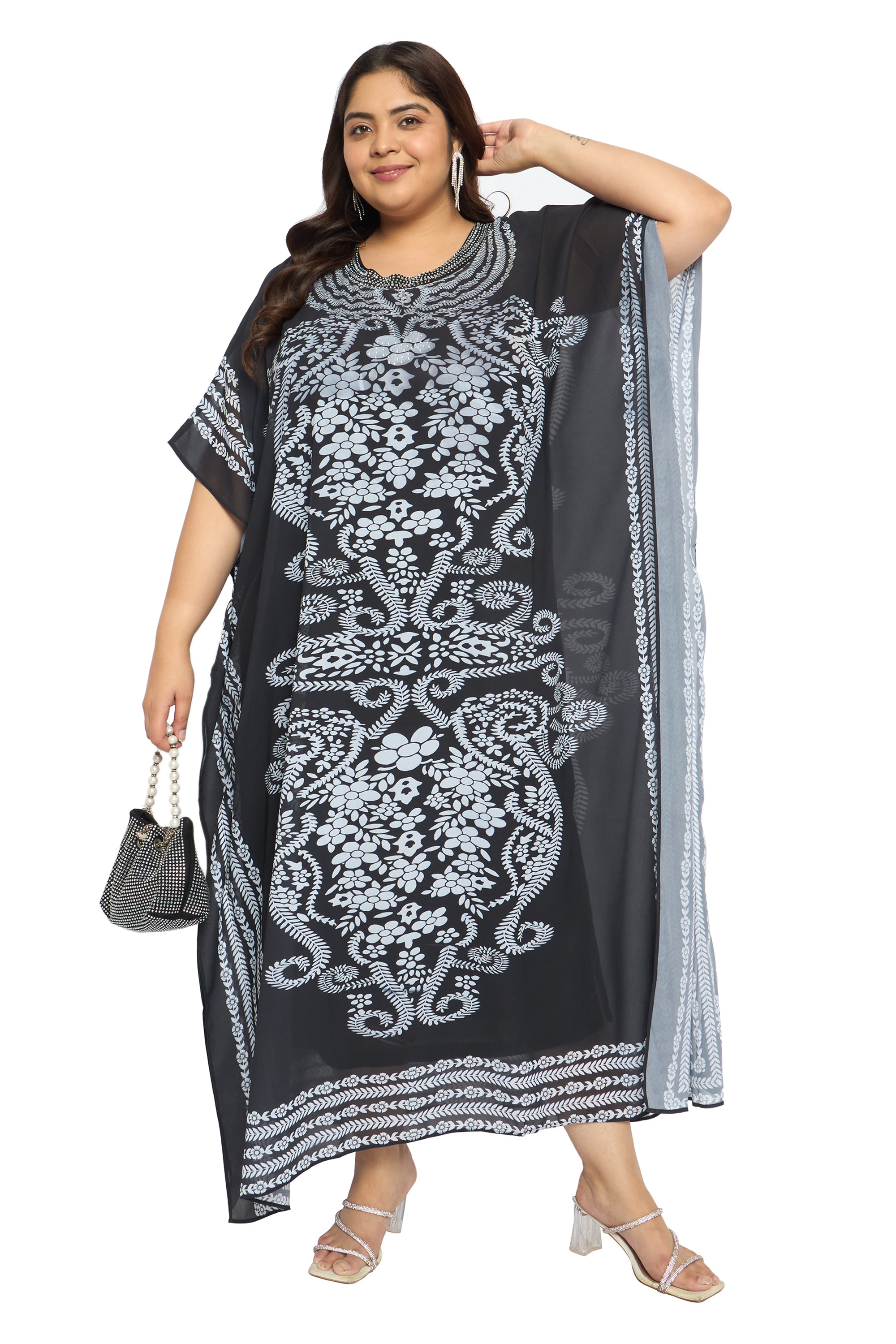 Black Floral Georgette Plus Size Caftan Dress Beach Cover up Kaftan for Women