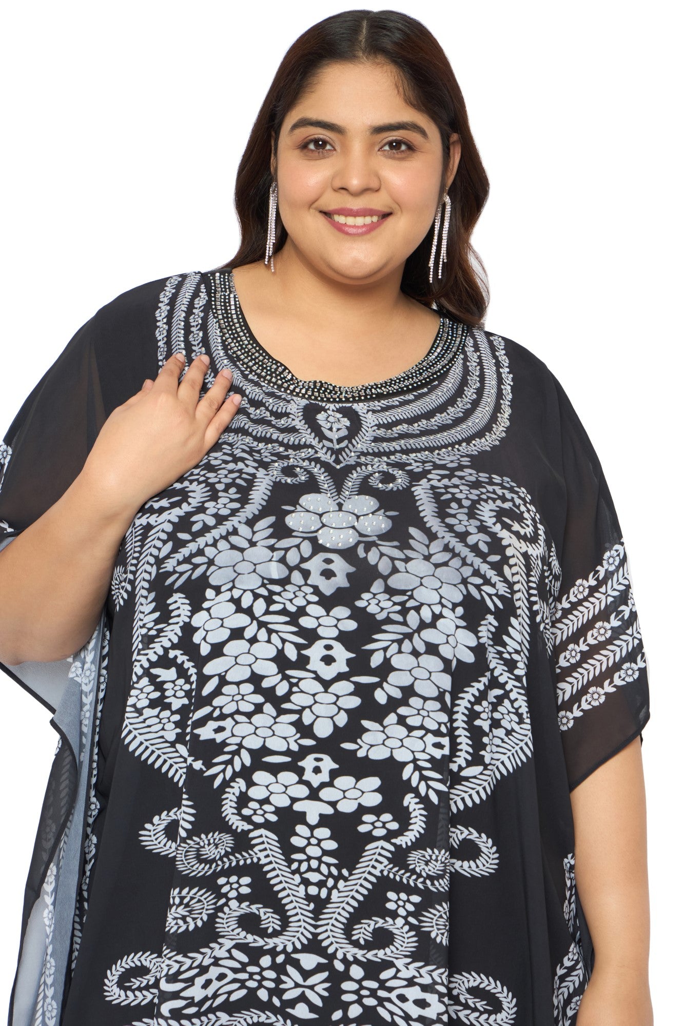 Black Floral Georgette Plus Size Caftan Dress Beach Cover up Kaftan for Women