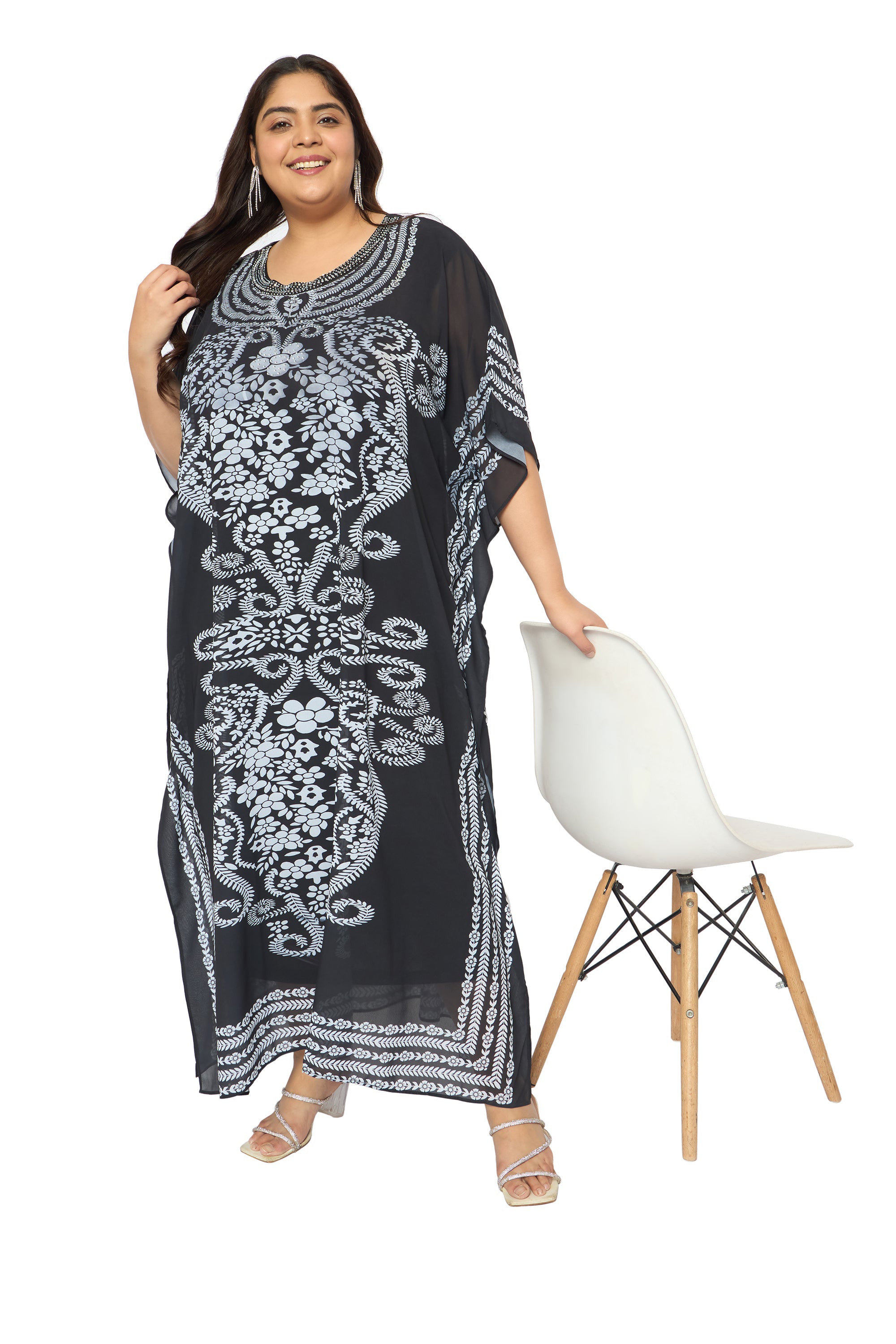 Black Floral Georgette Plus Size Caftan Dress Beach Cover up Kaftan for Women