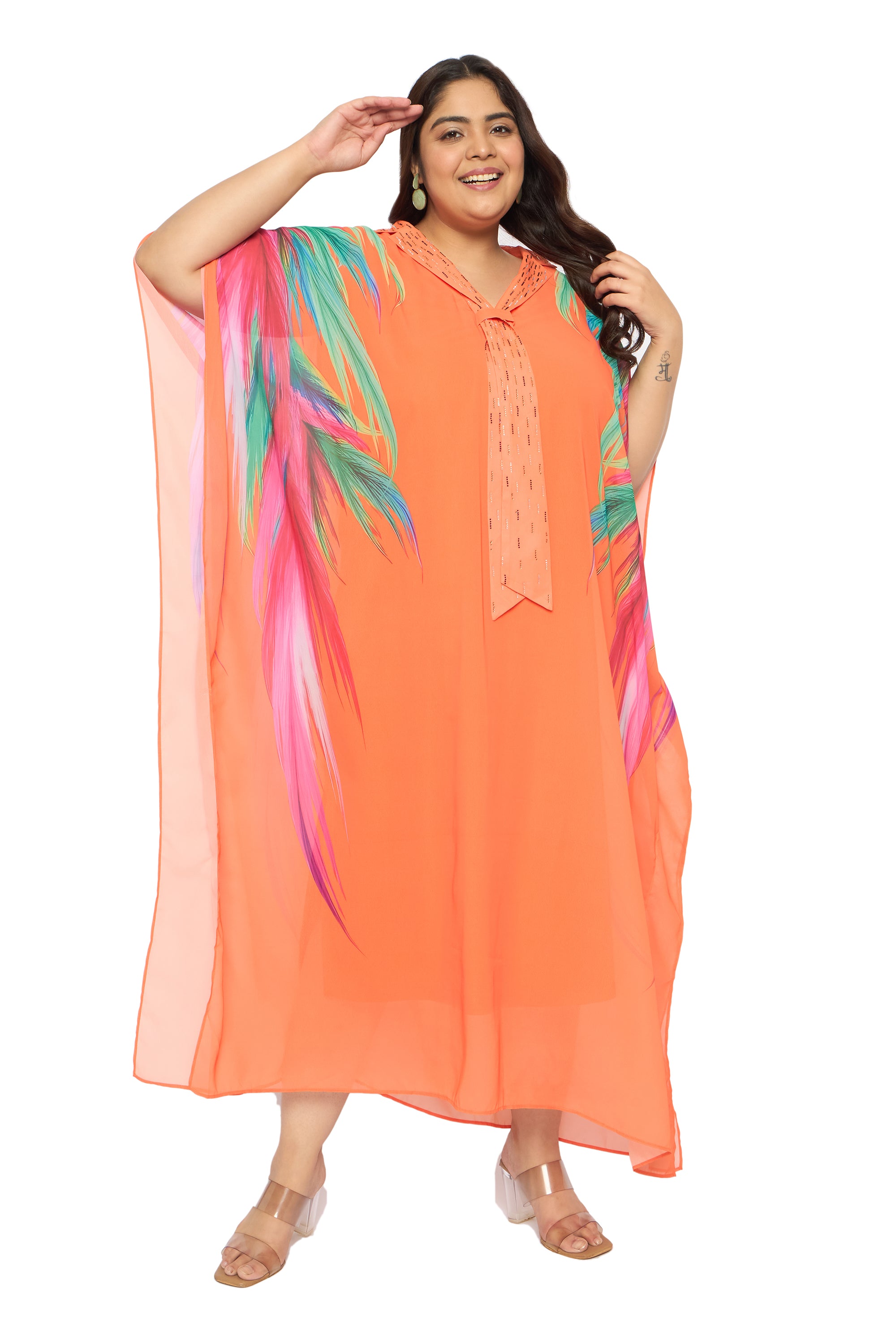 Leaf Orange Georgette Plus Size Party Wear Kaftan Dress for Women