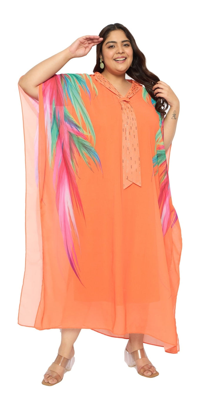 Orange Leaf Georgette Women Plus Size Kaftan Evening Dress - SKU GKT-1005 M - Gypsie Blu