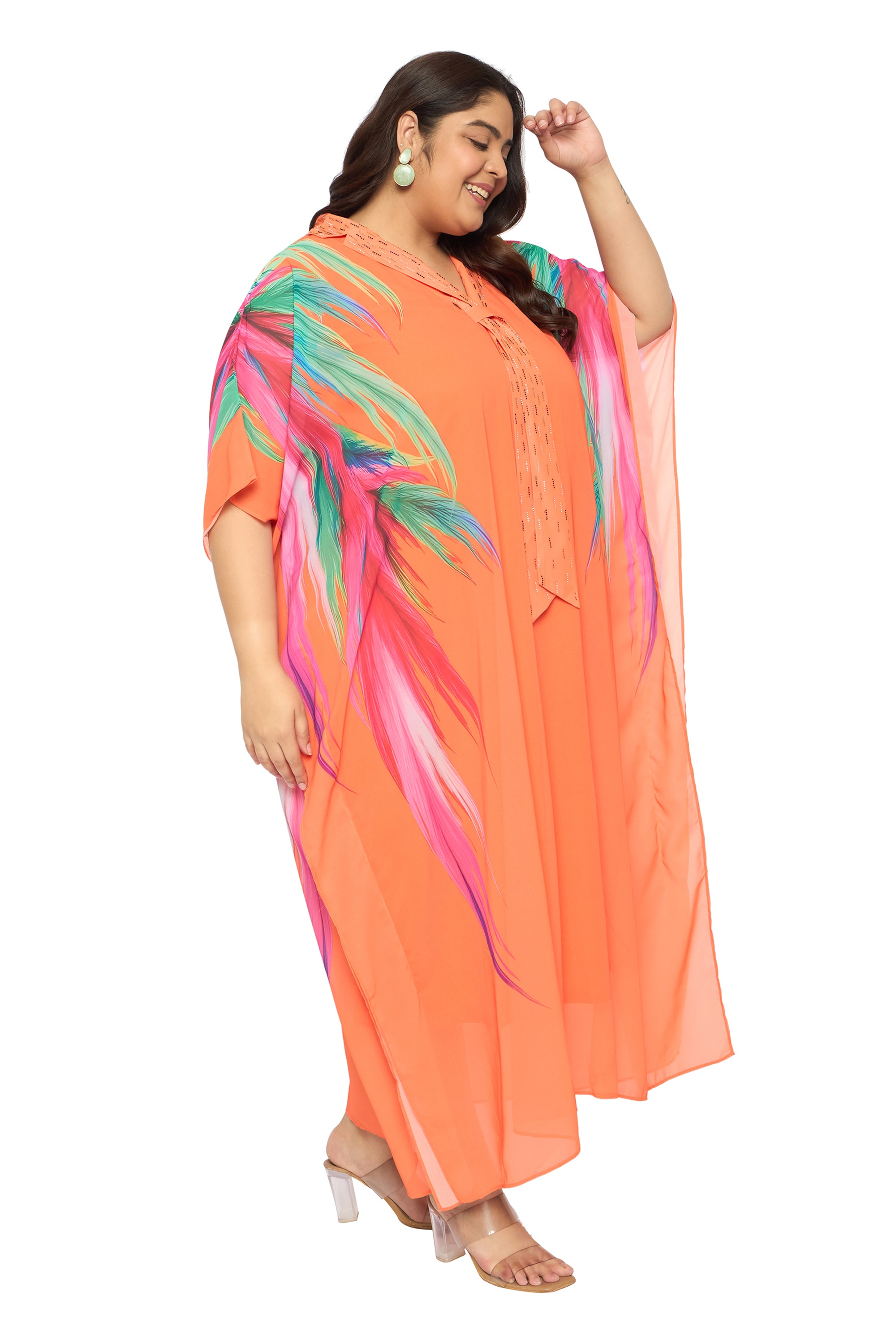 Leaf Orange Georgette Plus Size Party Wear Kaftan Dress for Women