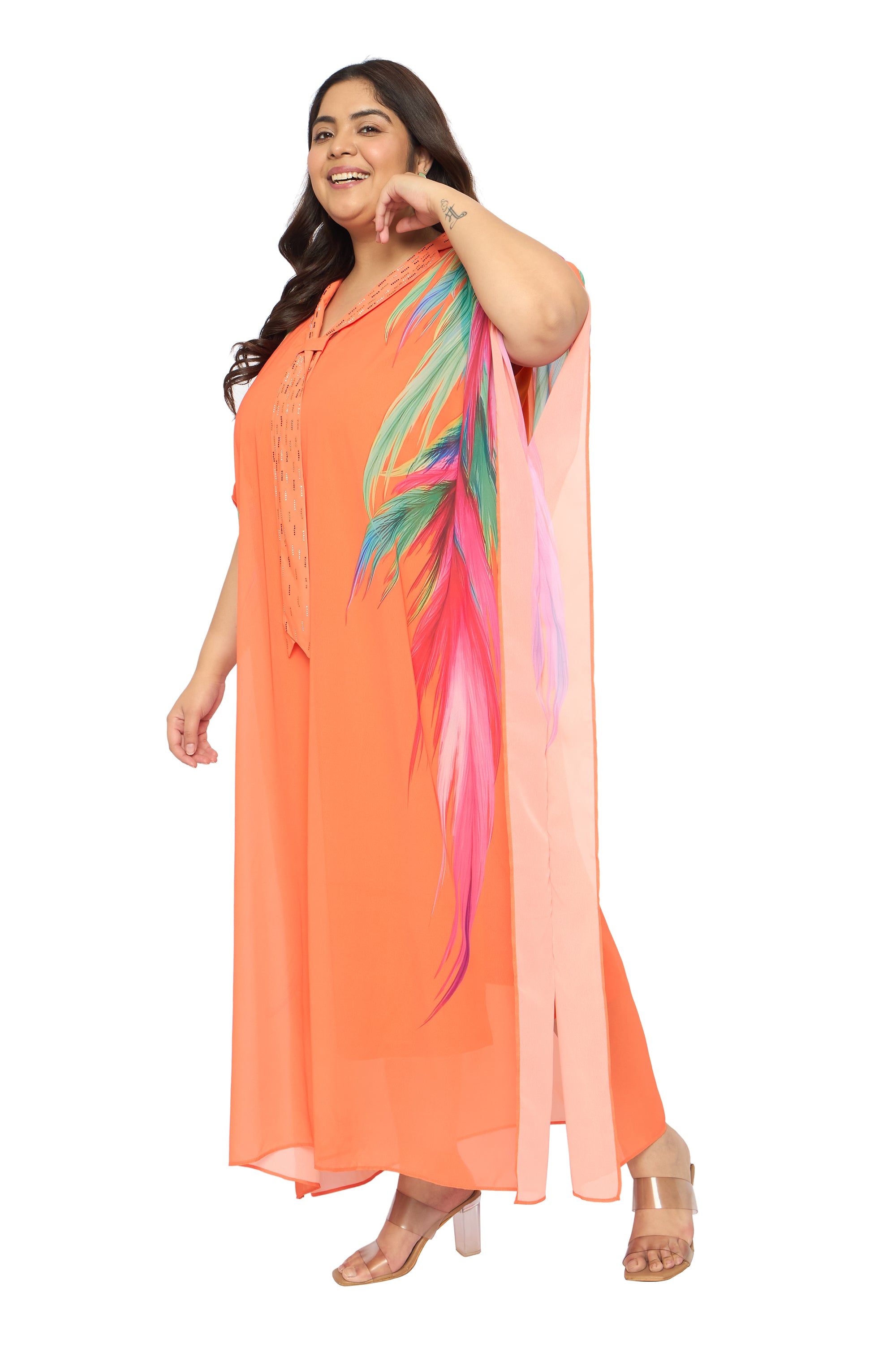 Leaf Orange Georgette Plus Size Party Wear Kaftan Dress for Women