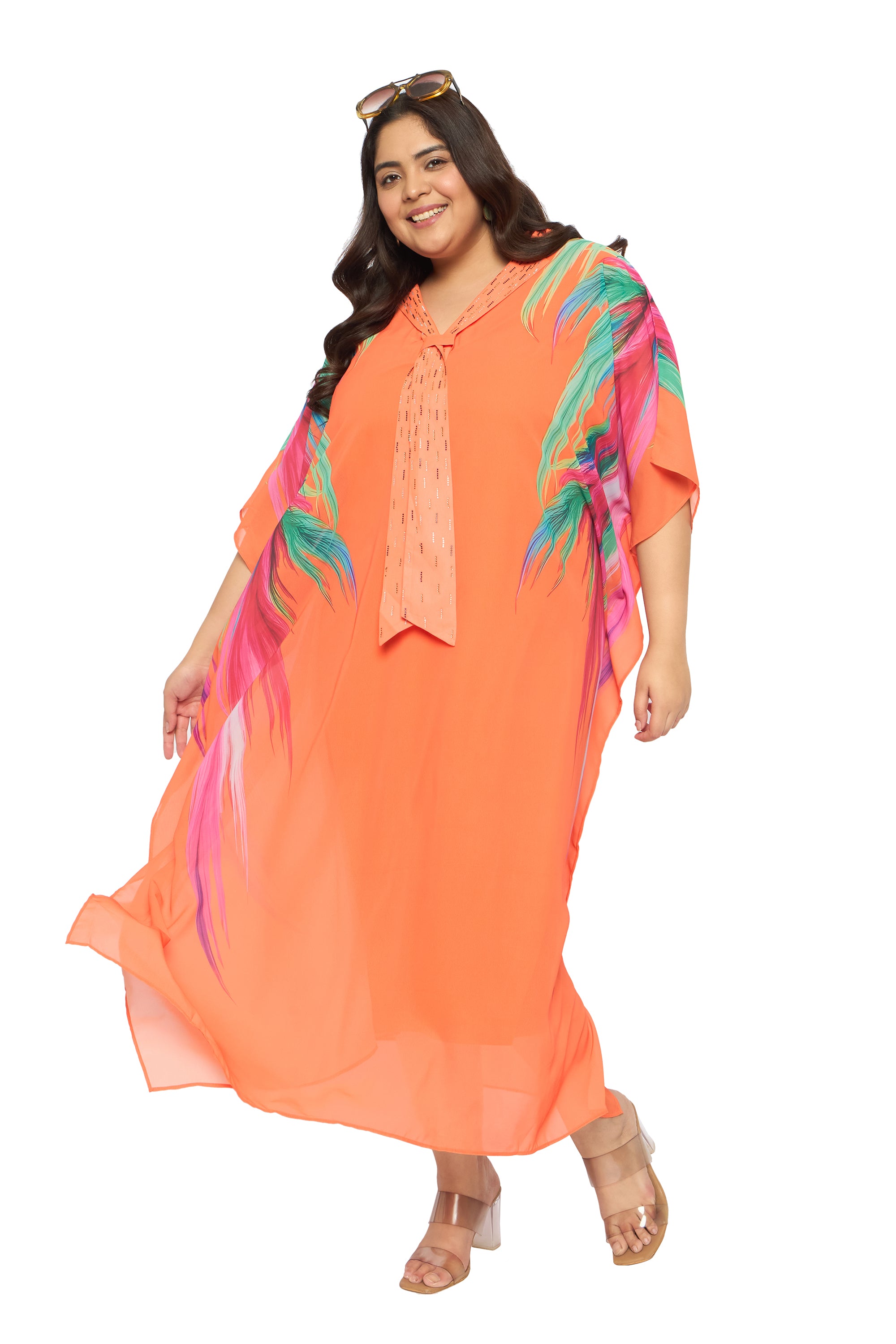 Leaf Orange Georgette Plus Size Party Wear Kaftan Dress for Women