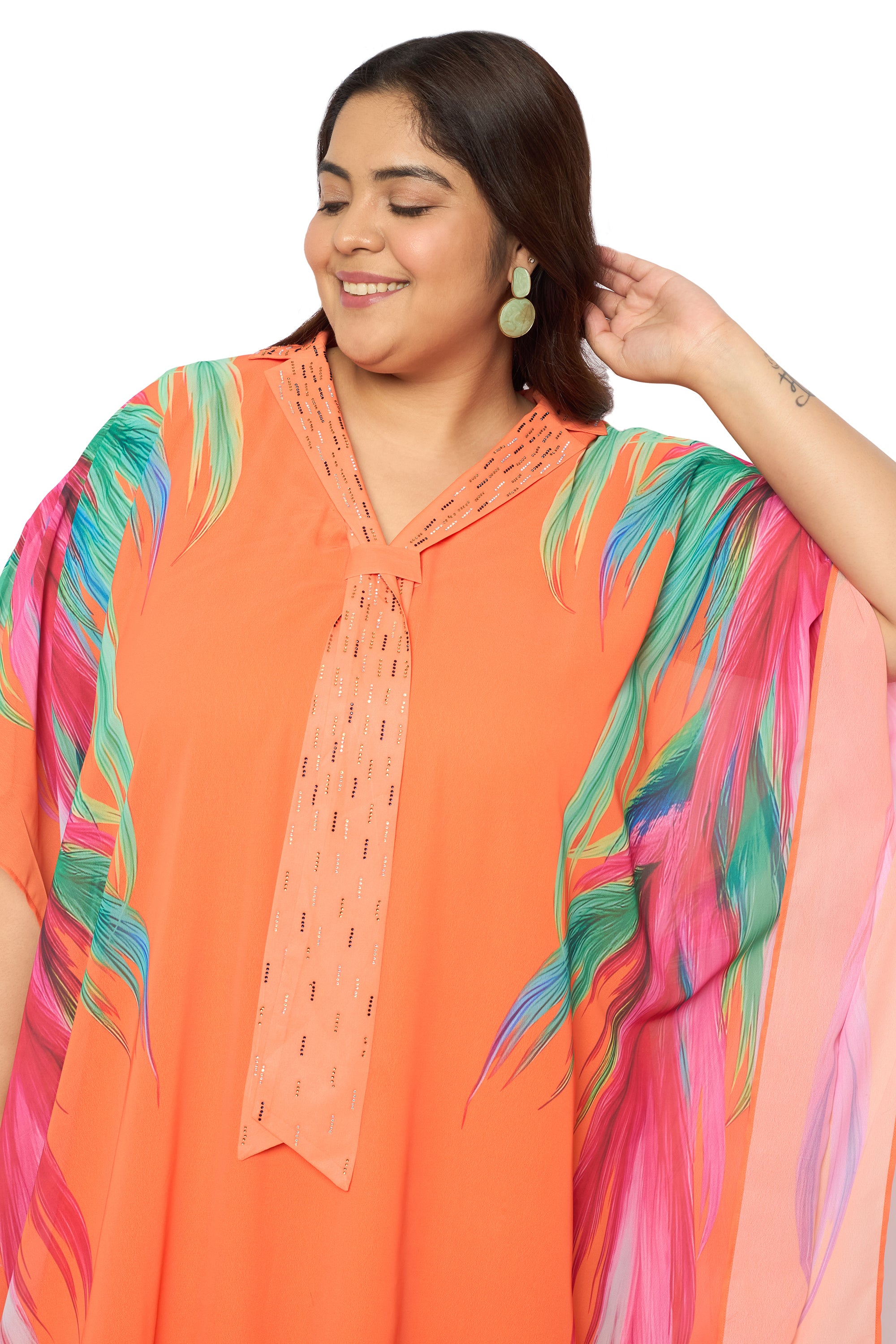 Leaf Orange Georgette Plus Size Party Wear Kaftan Dress for Women