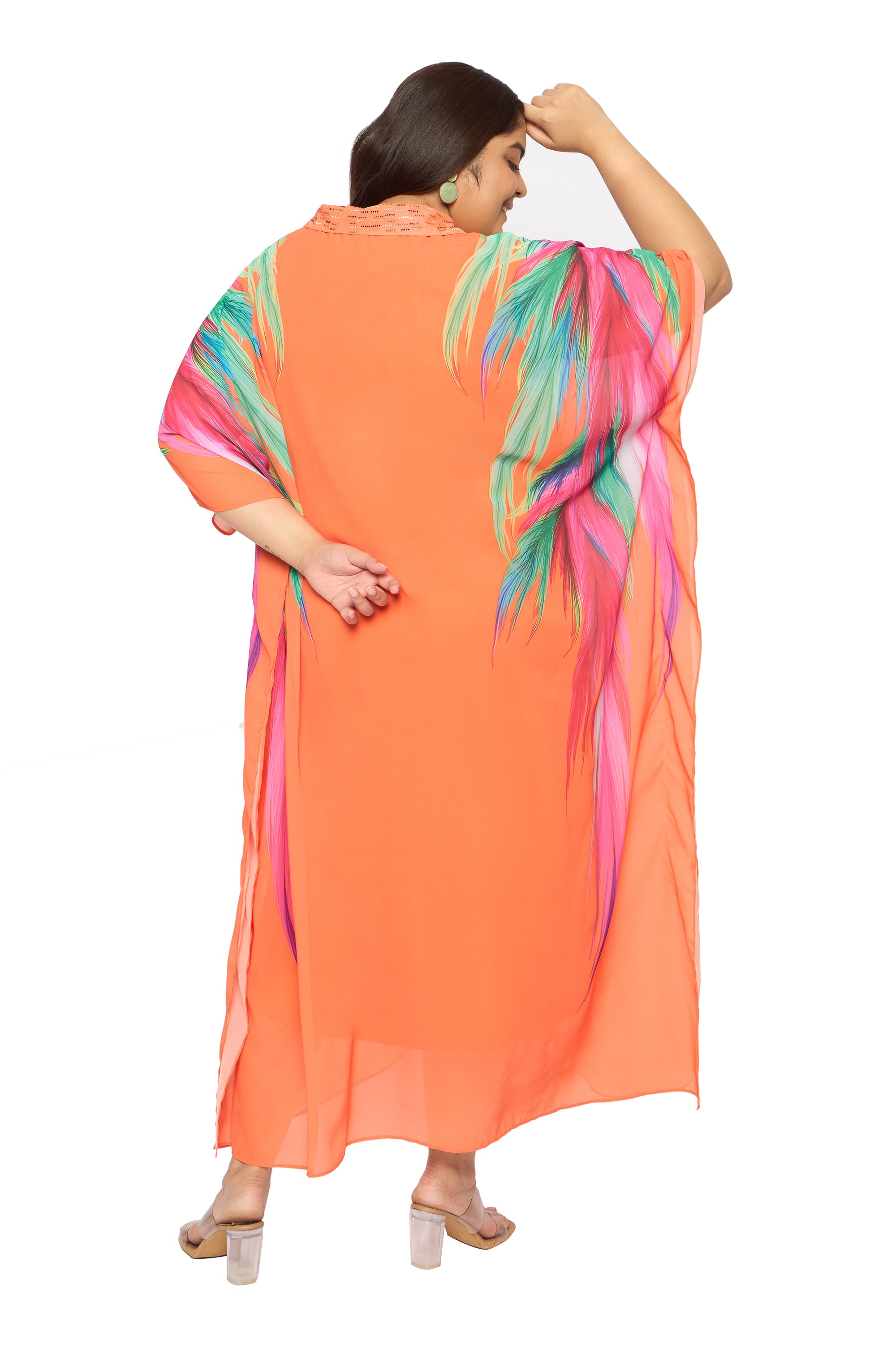 Leaf Orange Georgette Plus Size Party Wear Kaftan Dress for Women