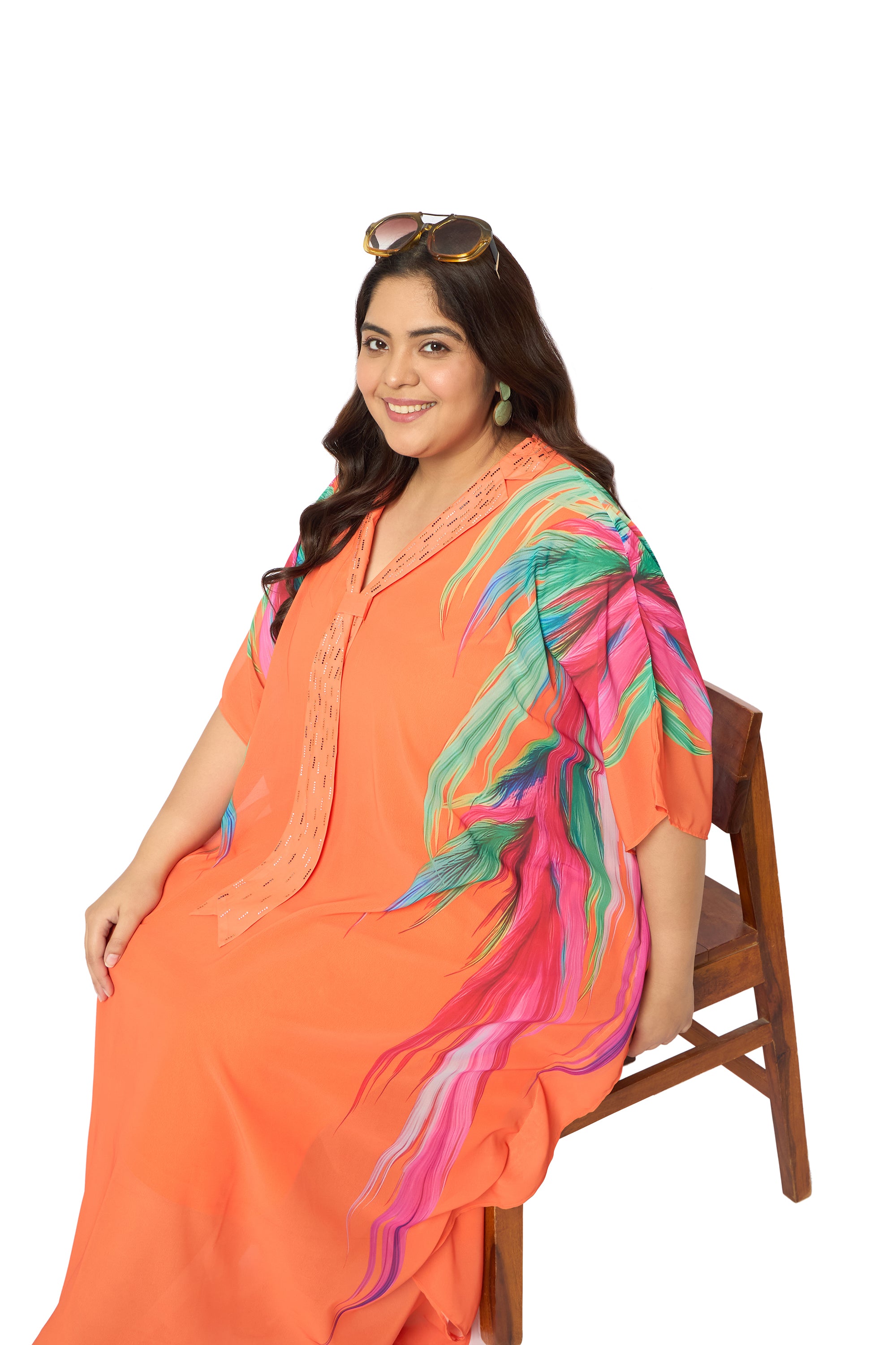 Leaf Orange Georgette Plus Size Party Wear Kaftan Dress for Women