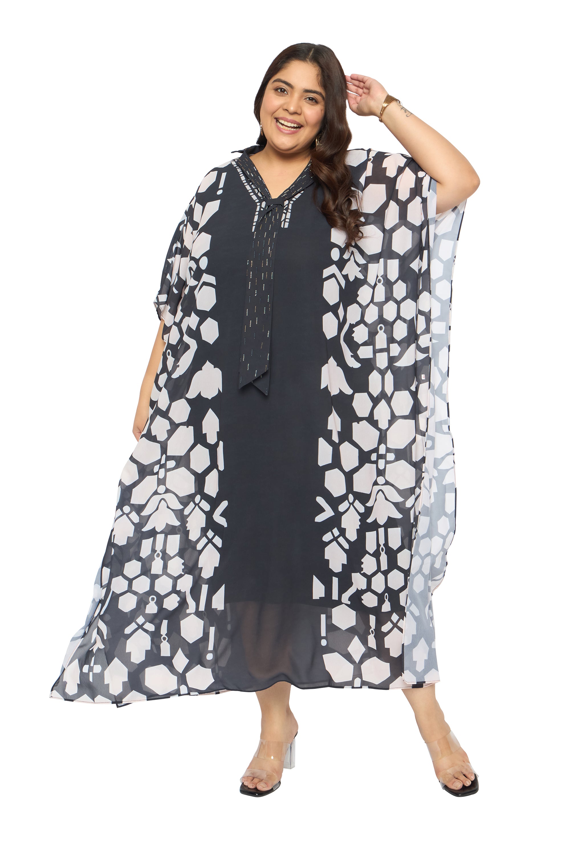 Black Geometric Georgette Plus Size Maxi Length Collared Neck Kaftan Dress for Women