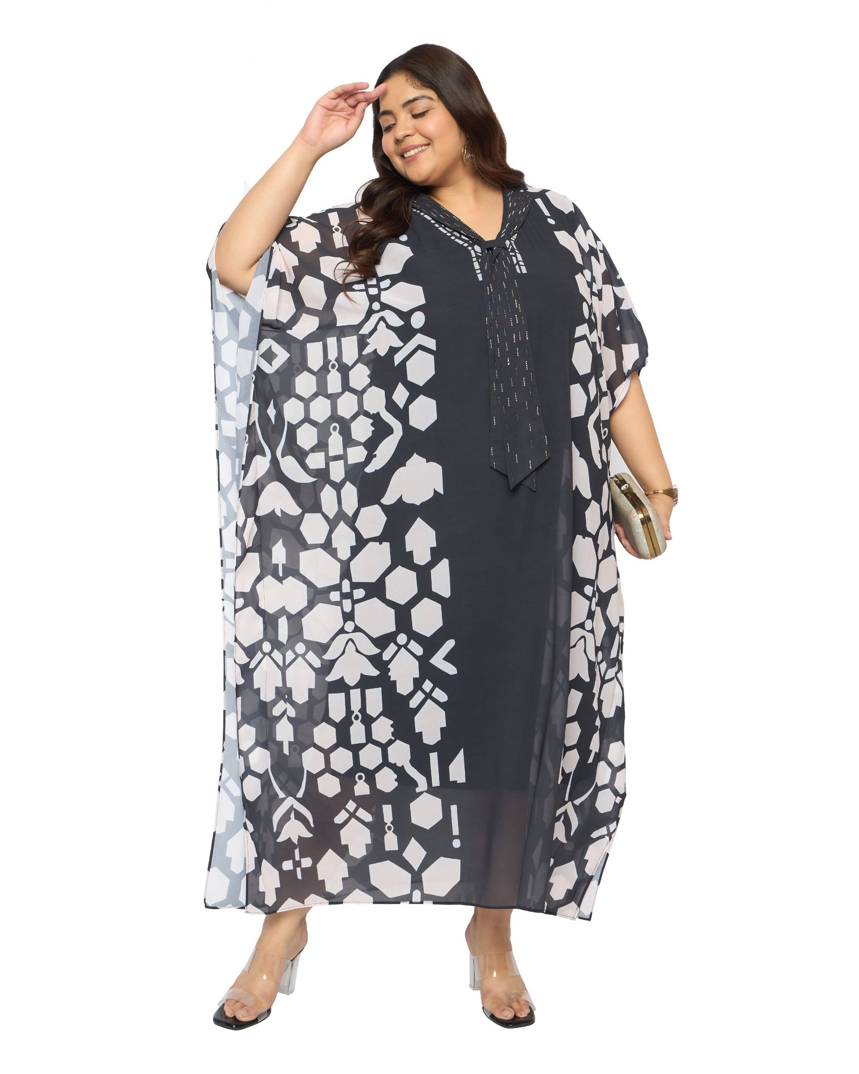 Black Geometric Georgette Plus Size Collared Neck Kaftan Dress for Women