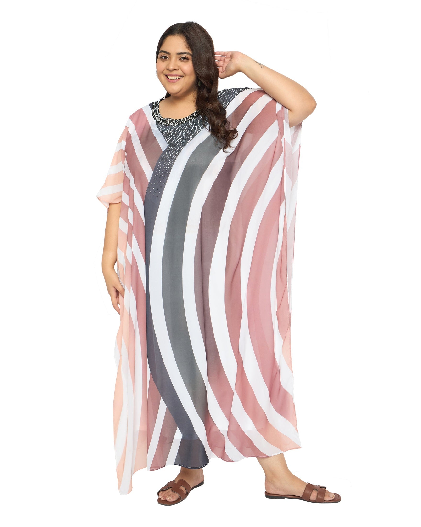 Multicolor Striped Georgette Caftan Dress for Plus Size Women