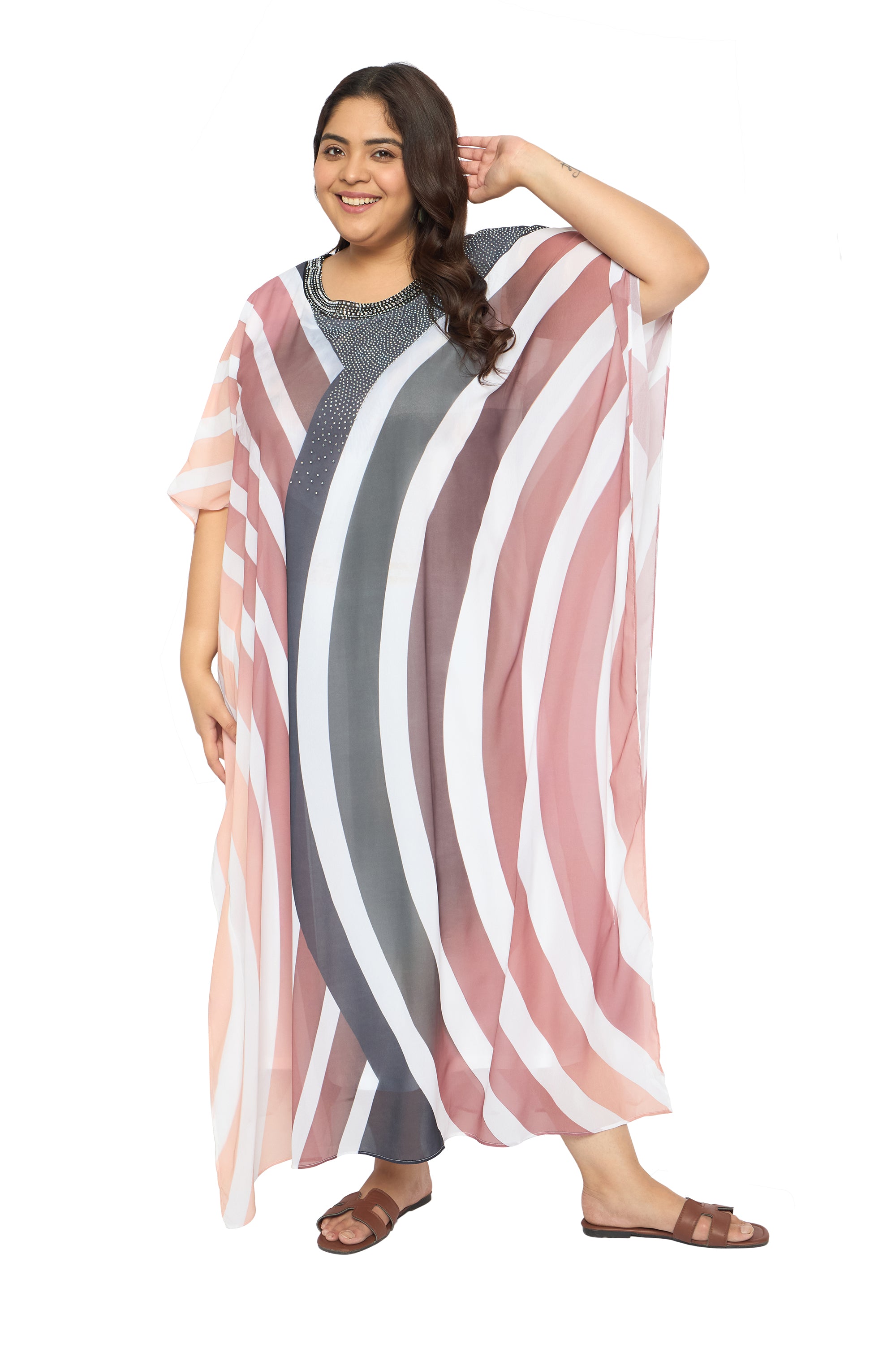 Multicolor Striped Georgette Caftan Dress for Plus Size Women