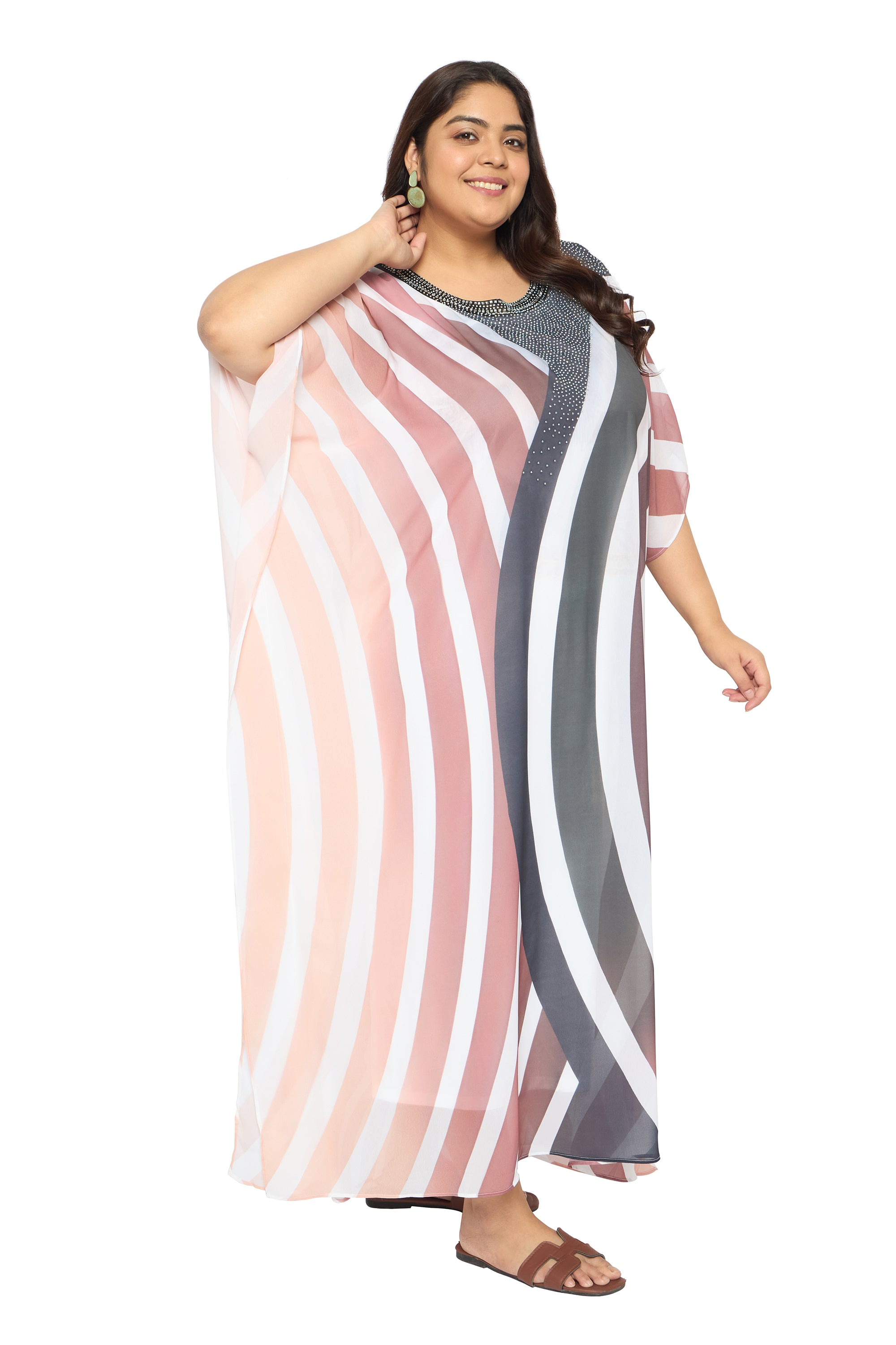 Multicolor Striped Georgette Caftan Dress for Plus Size Women