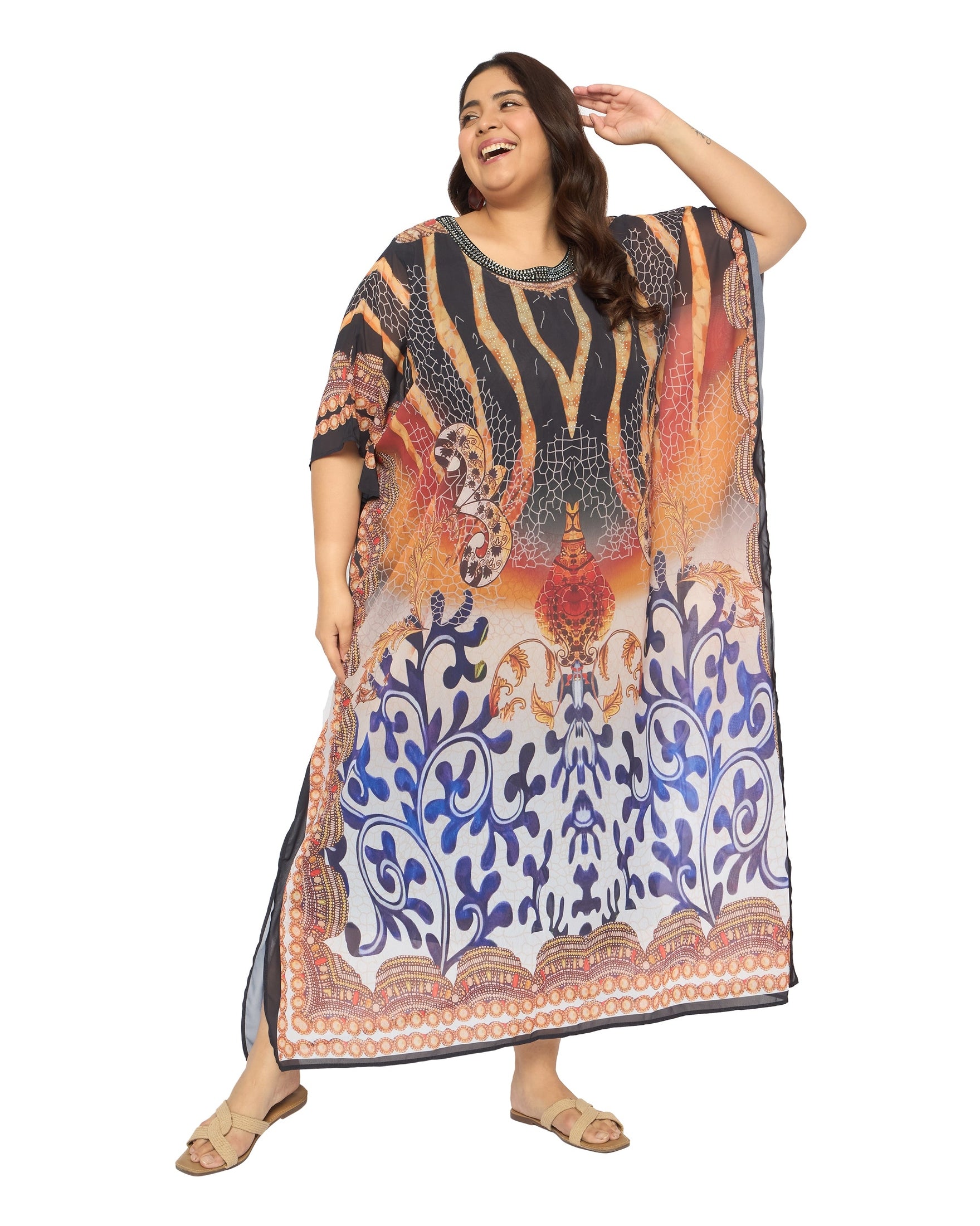 Multicolor Tribal Georgette Plus Size Elegant Kaftan Dresses for Women
