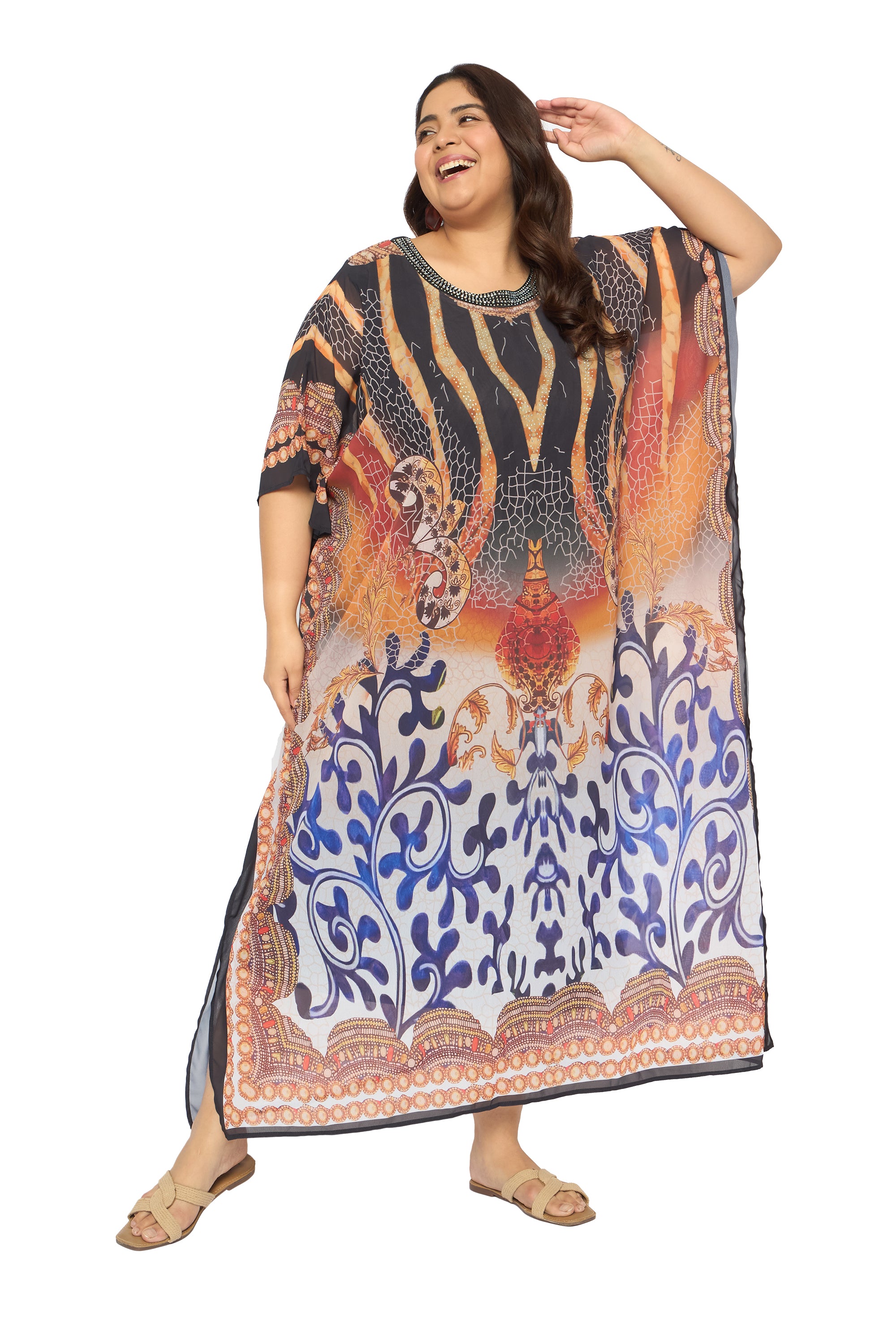 Multicolor Tribal Georgette Plus Size Elegant Kaftan Dresses for Women