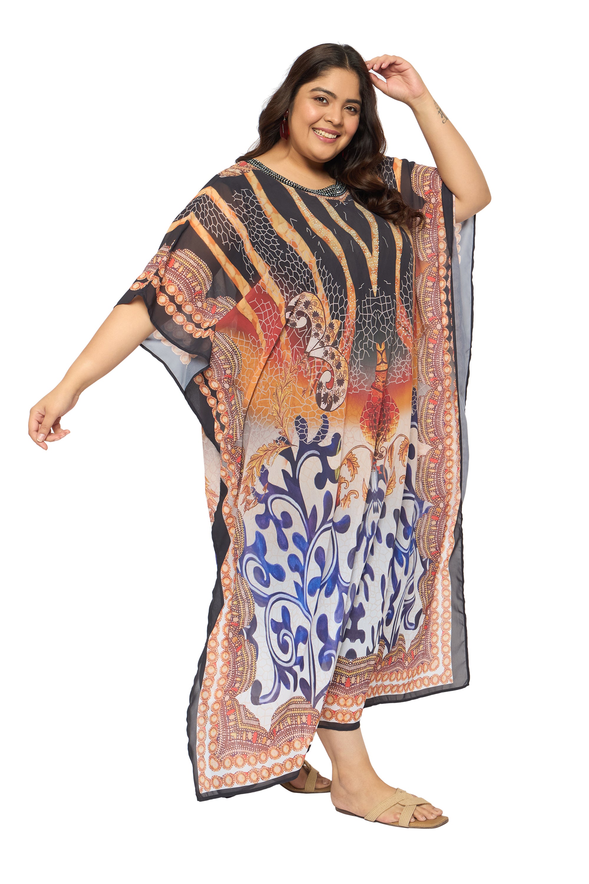 Multicolor Tribal Georgette Plus Size Elegant Kaftan Dresses for Women