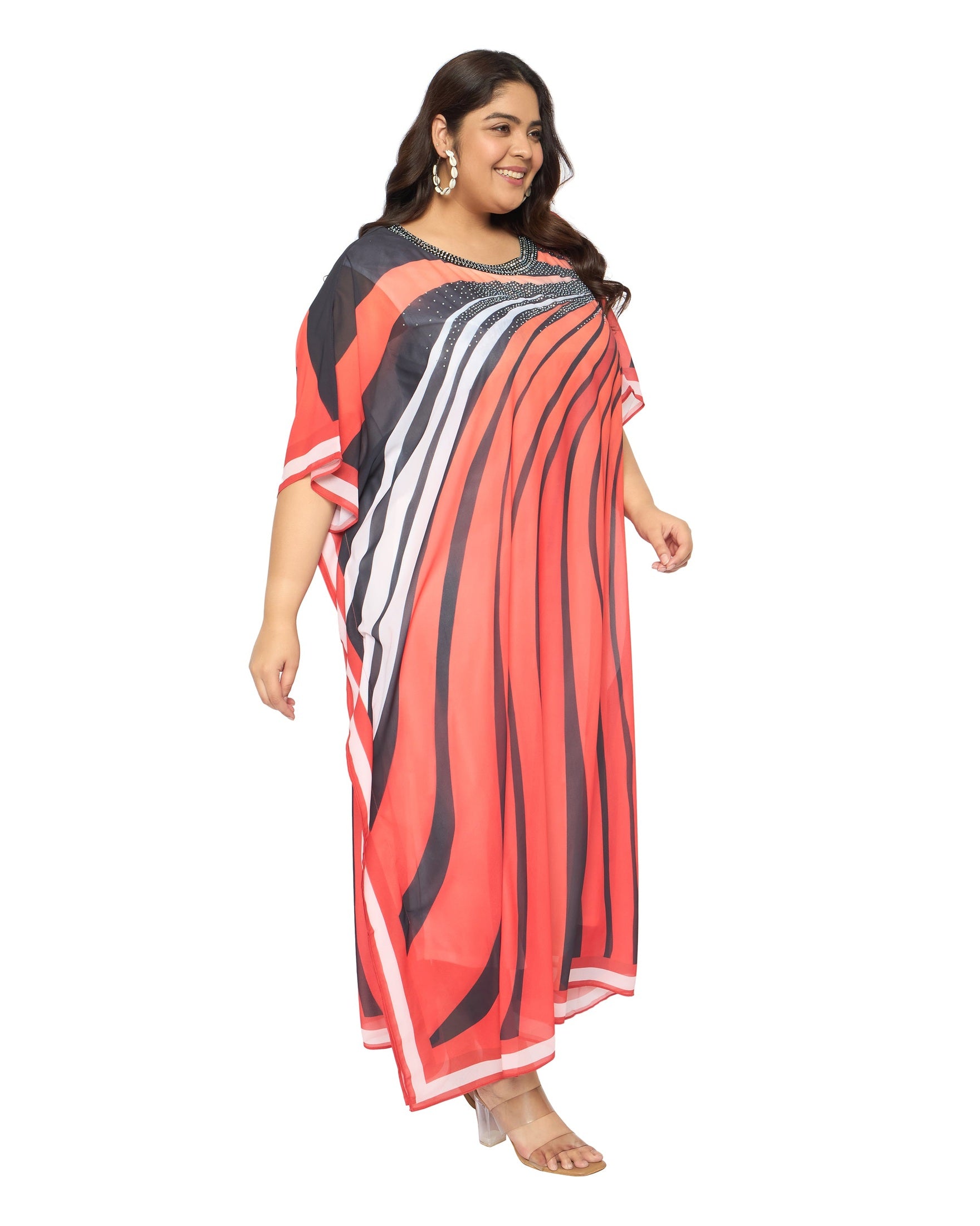 Striped Multicolor Georgette Plus Size Loungewear Caftan Dress for Women
