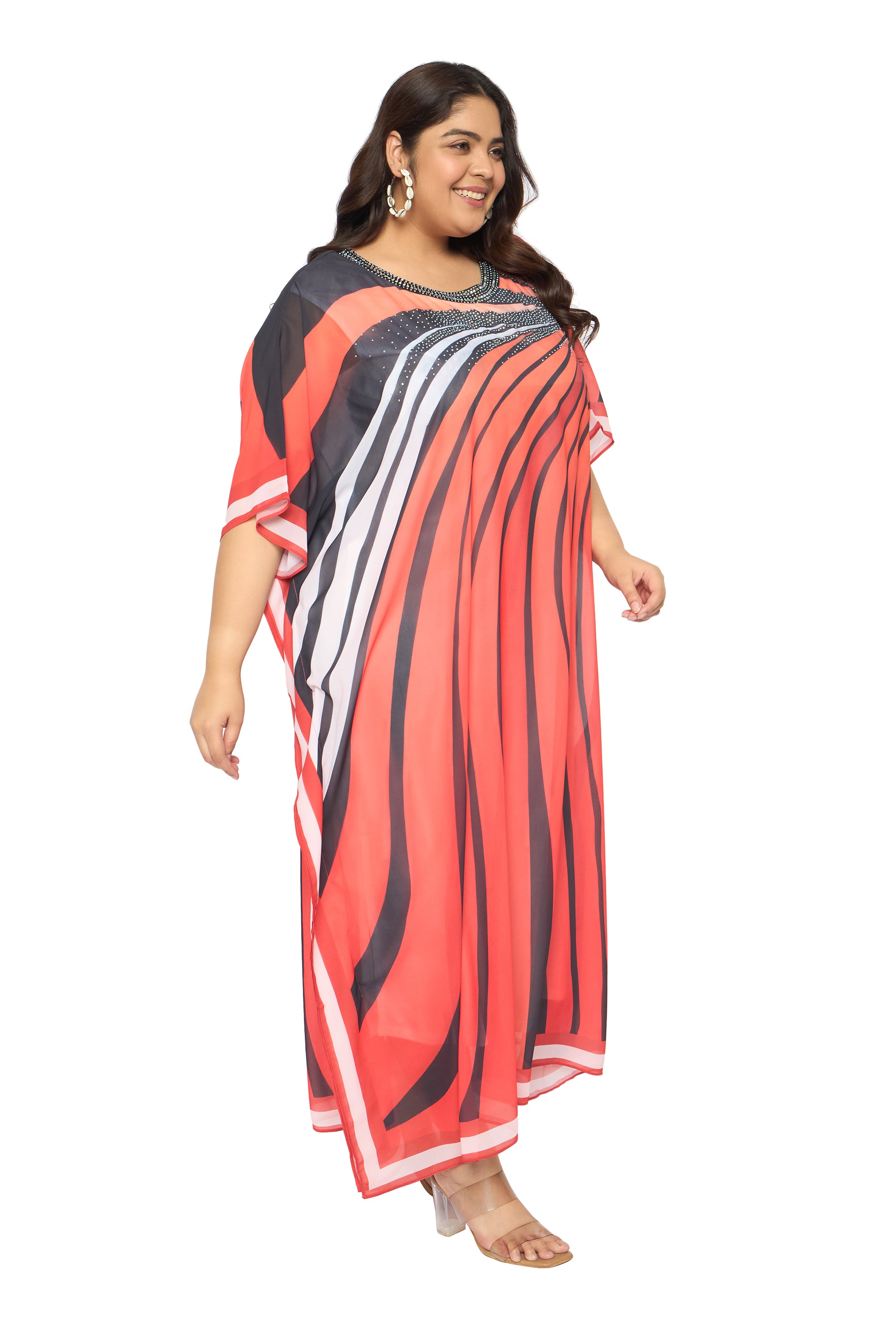 Striped Multicolor Georgette Plus Size Loungewear Caftan Dress for Women