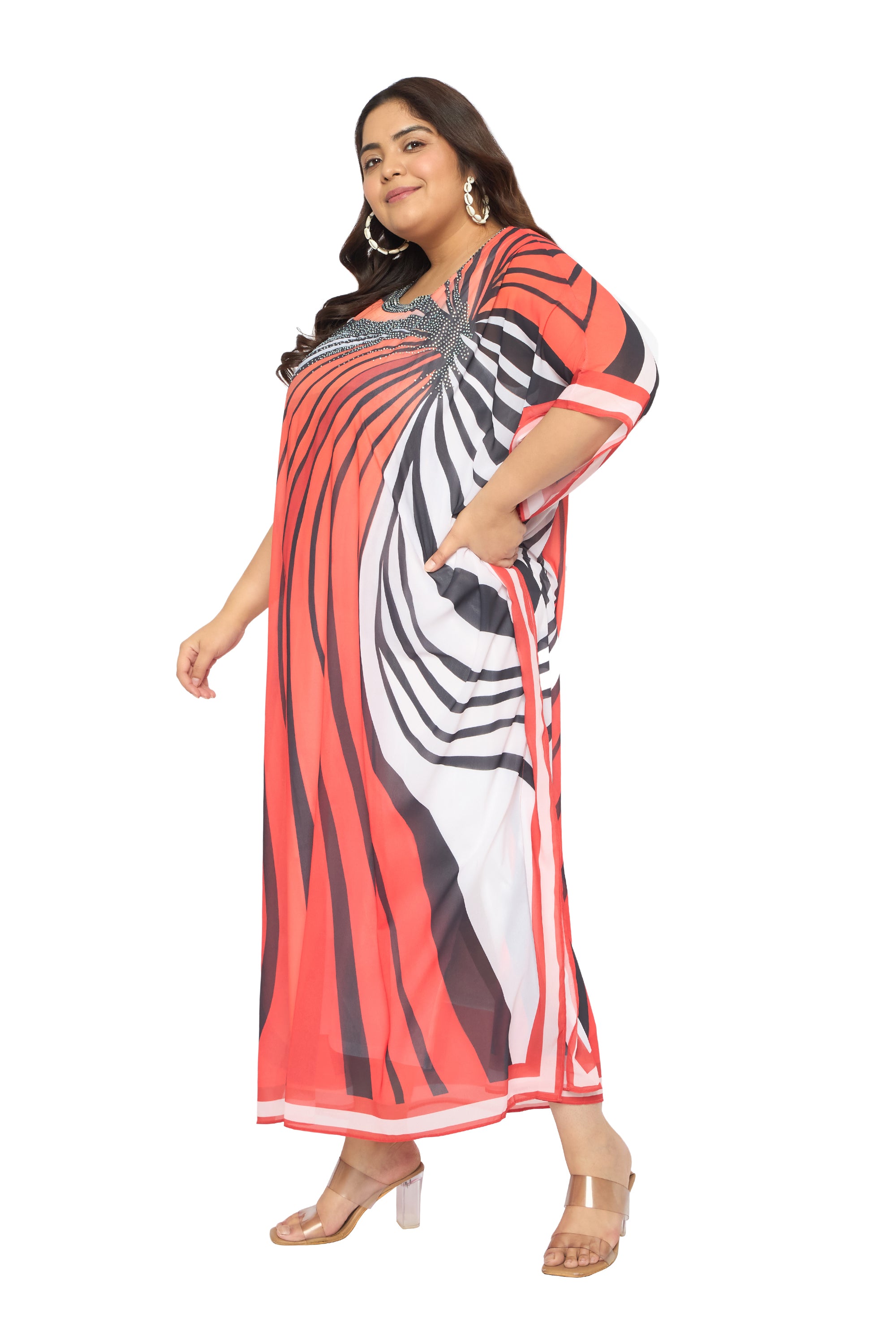 Striped Multicolor Georgette Plus Size Loungewear Caftan Dress for Women