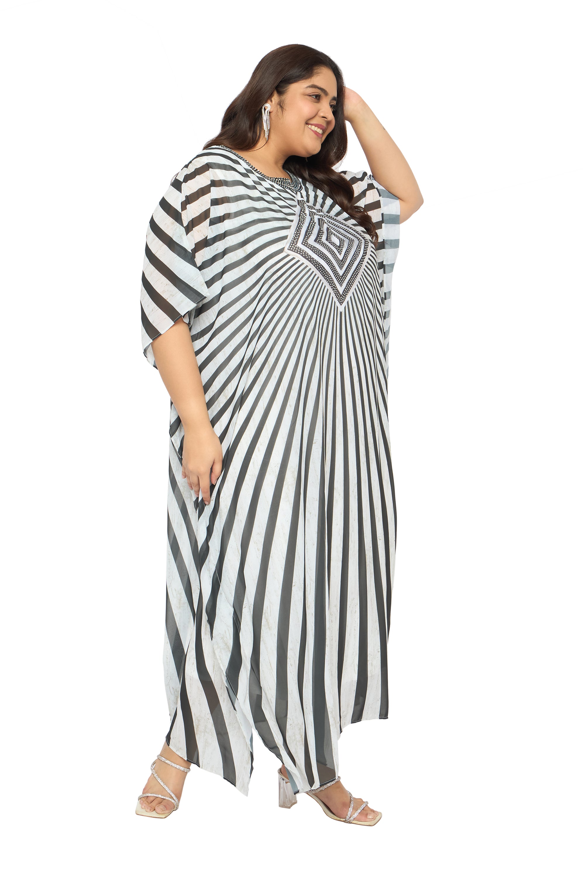 Striped Black & White Georgette Plus Size Long Kaftan Dress for Women