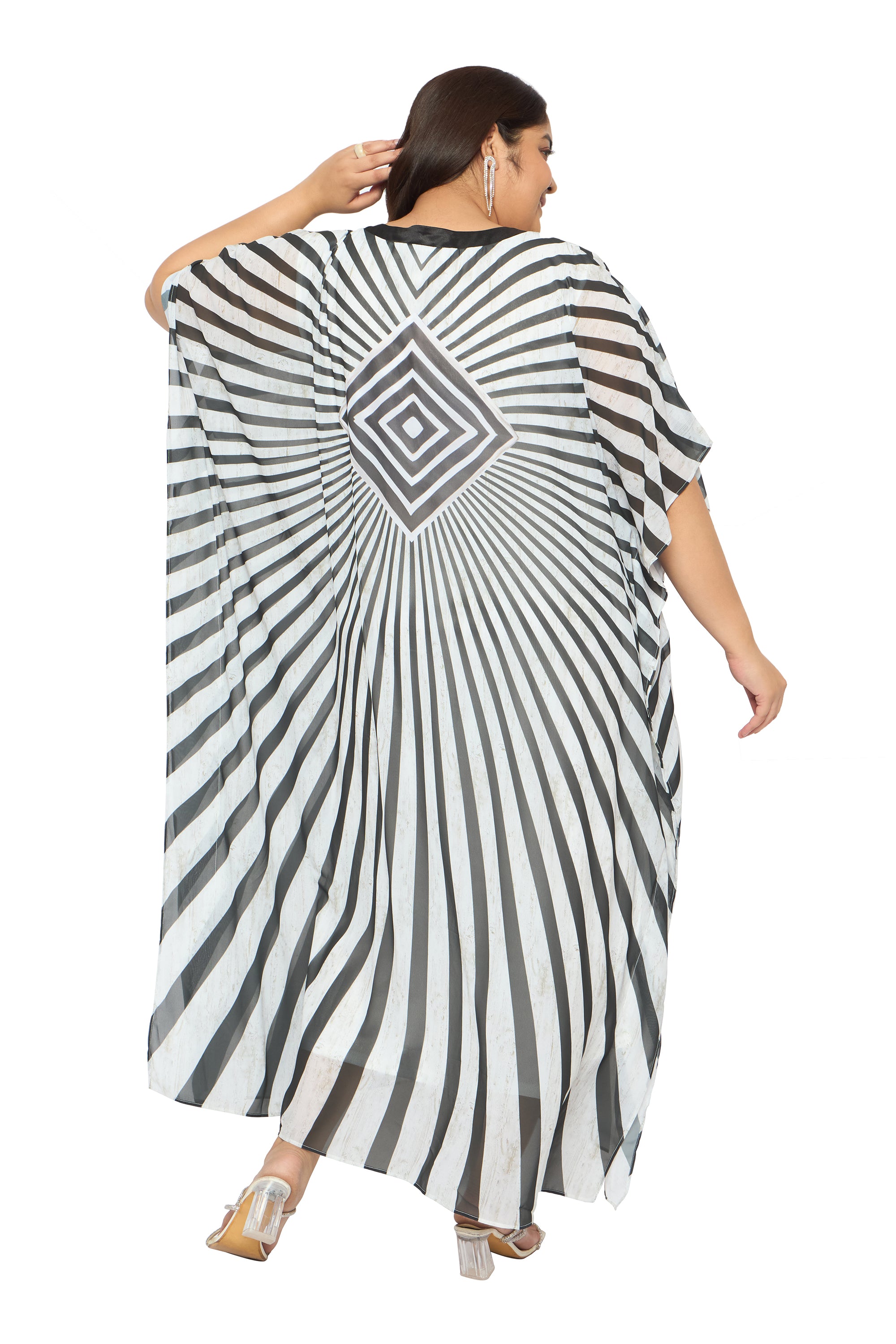 Striped Black & White Georgette Plus Size Long Kaftan Dress for Women