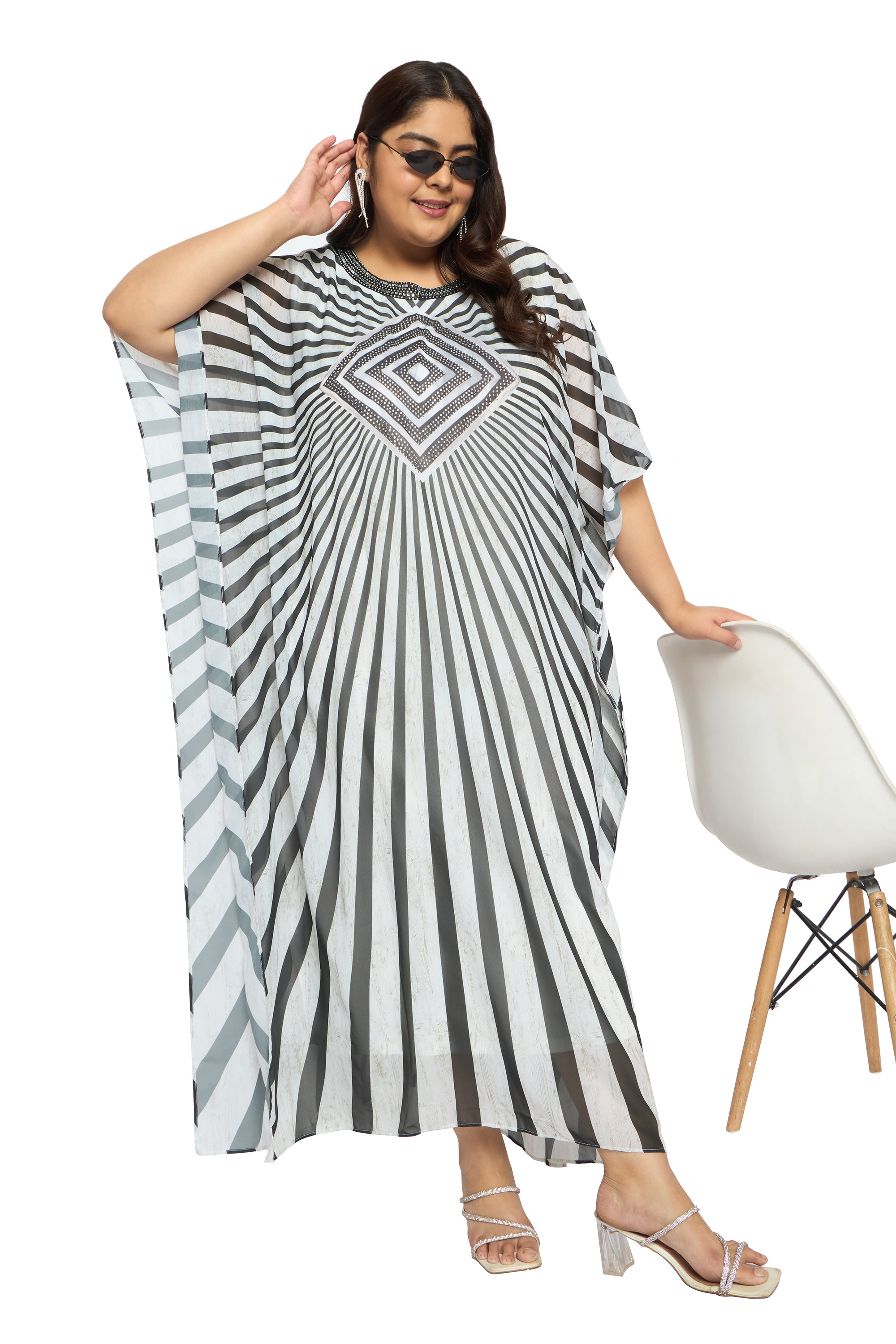 Striped Black & White Georgette Plus Size Long Kaftan Dress for Women