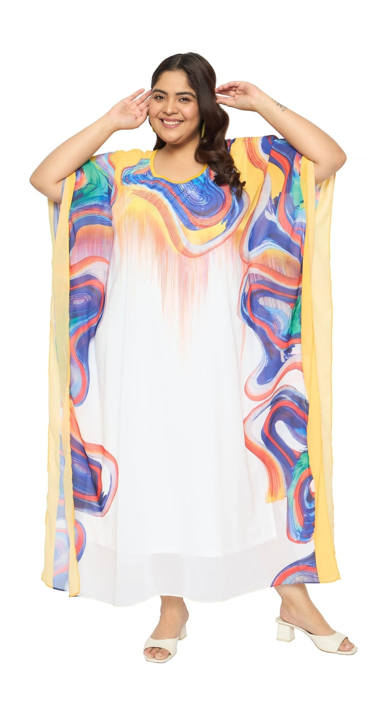 Multicolor Abstract Georgette Kaftan for Women Plus Size Beach Wear - SKU GKT-1011 M - Gypsie Blu