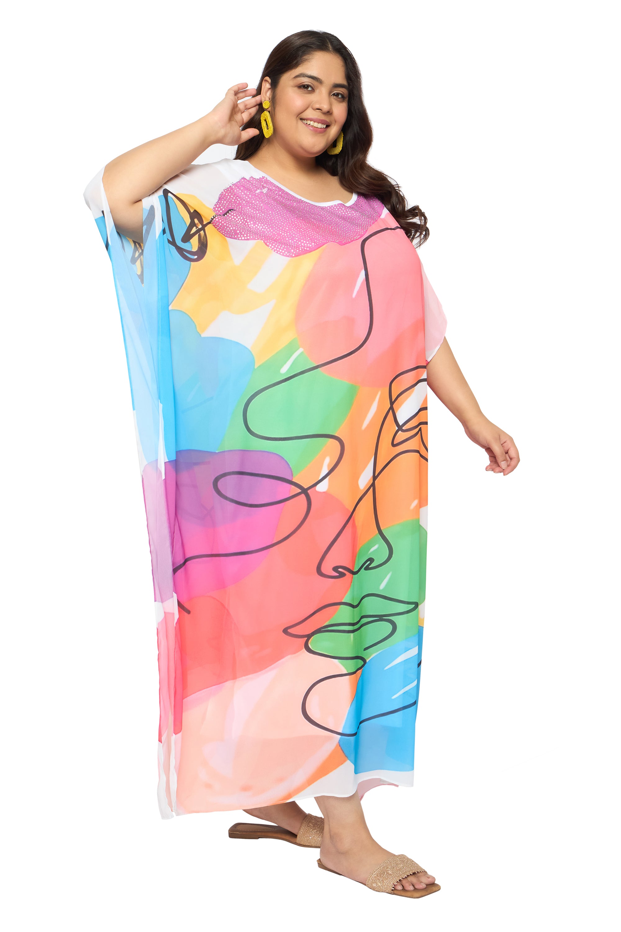 Lady Print Multicolor Georgette Kaftan Dress for Plus Size Women