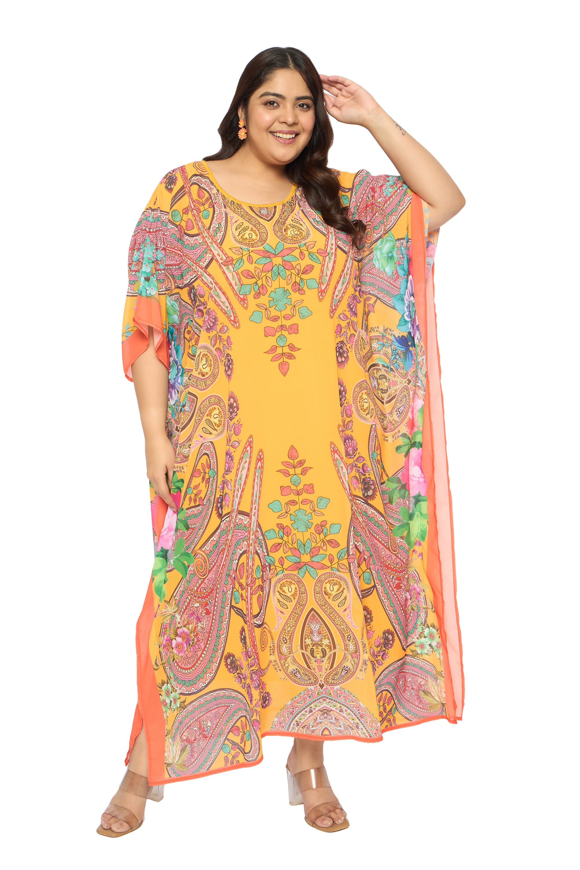 Paisley Yellow Georgette Plus Size Round Neck Long Kaftan Dress for Women