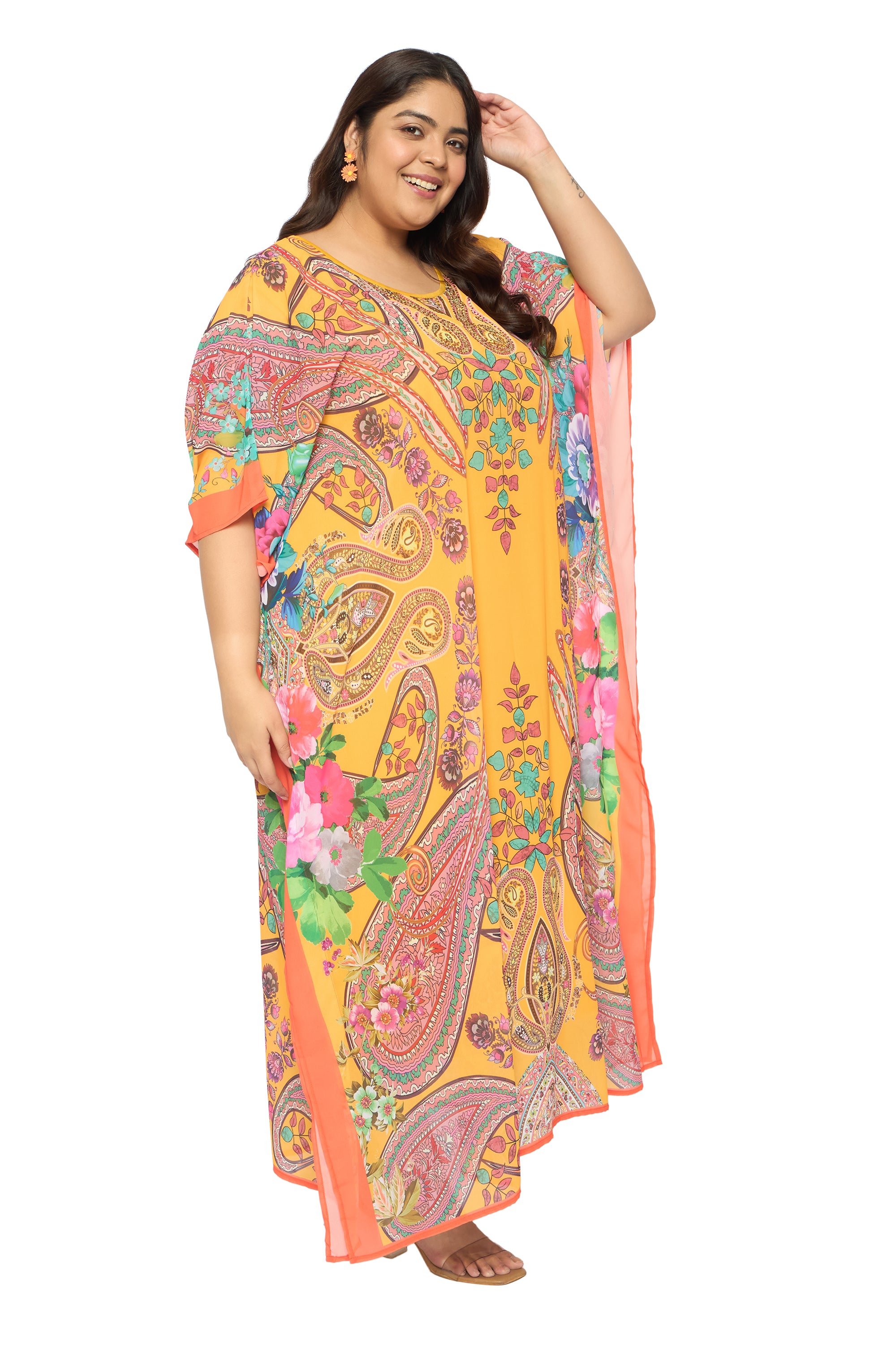 Paisley Yellow Georgette Plus Size Round Neck Long Kaftan Dress for Women