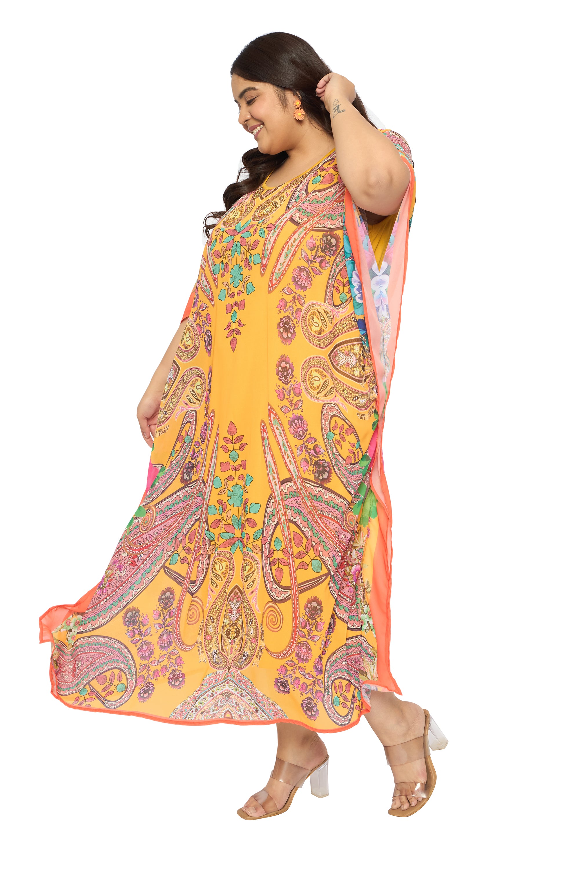 Paisley Yellow Georgette Plus Size Round Neck Long Kaftan Dress for Women