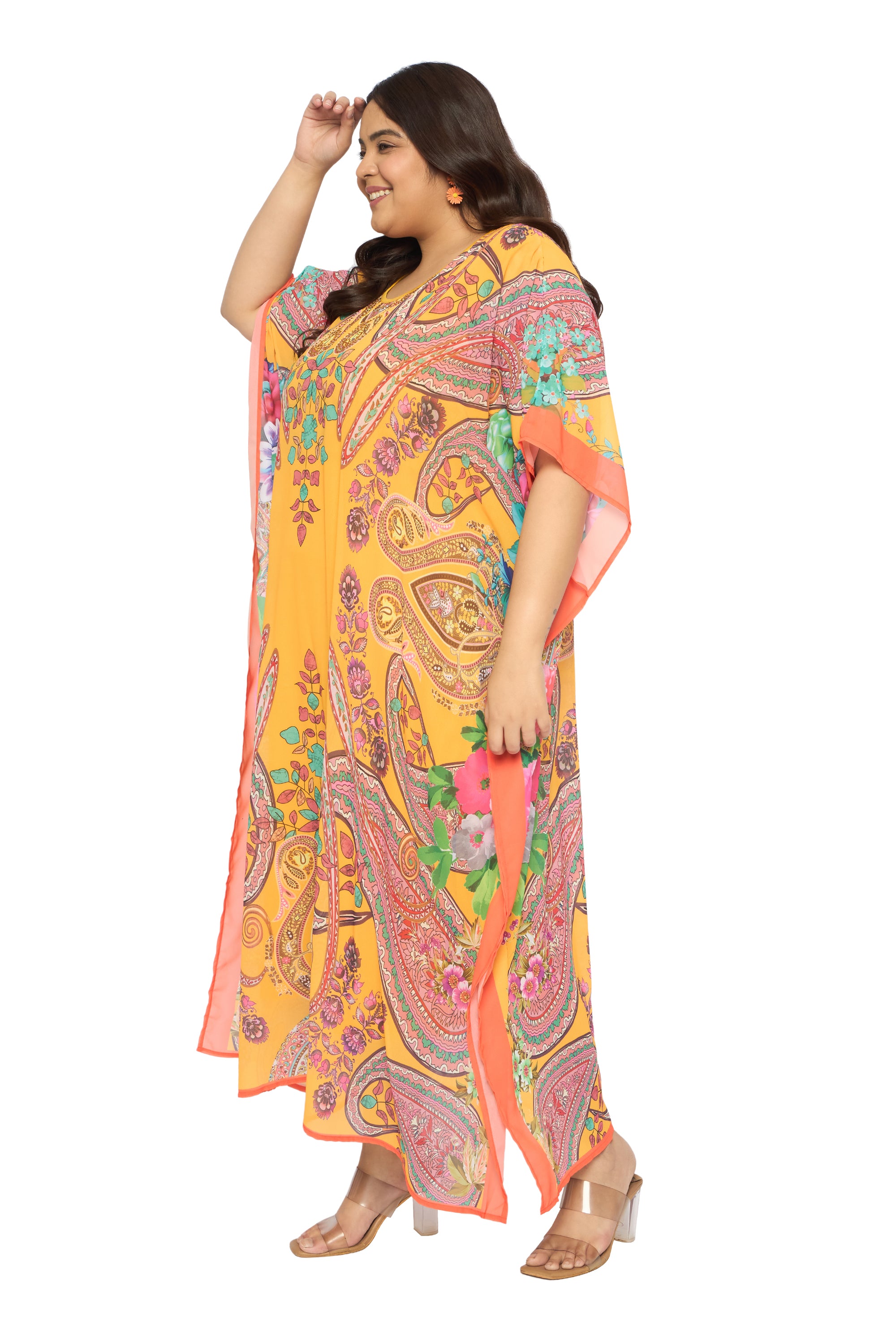 Paisley Yellow Georgette Plus Size Round Neck Long Kaftan Dress for Women