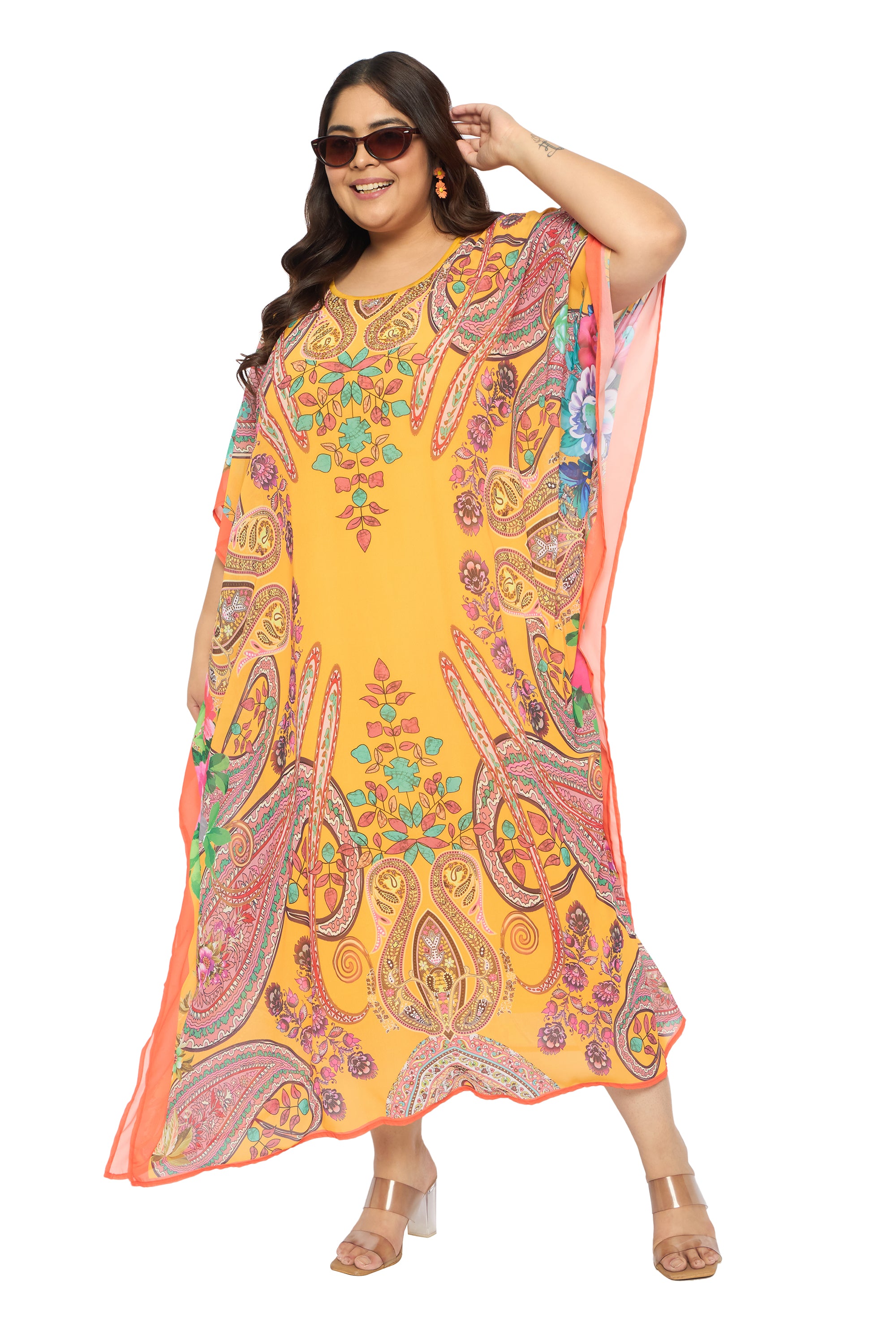 Paisley Yellow Georgette Plus Size Round Neck Long Kaftan Dress for Women