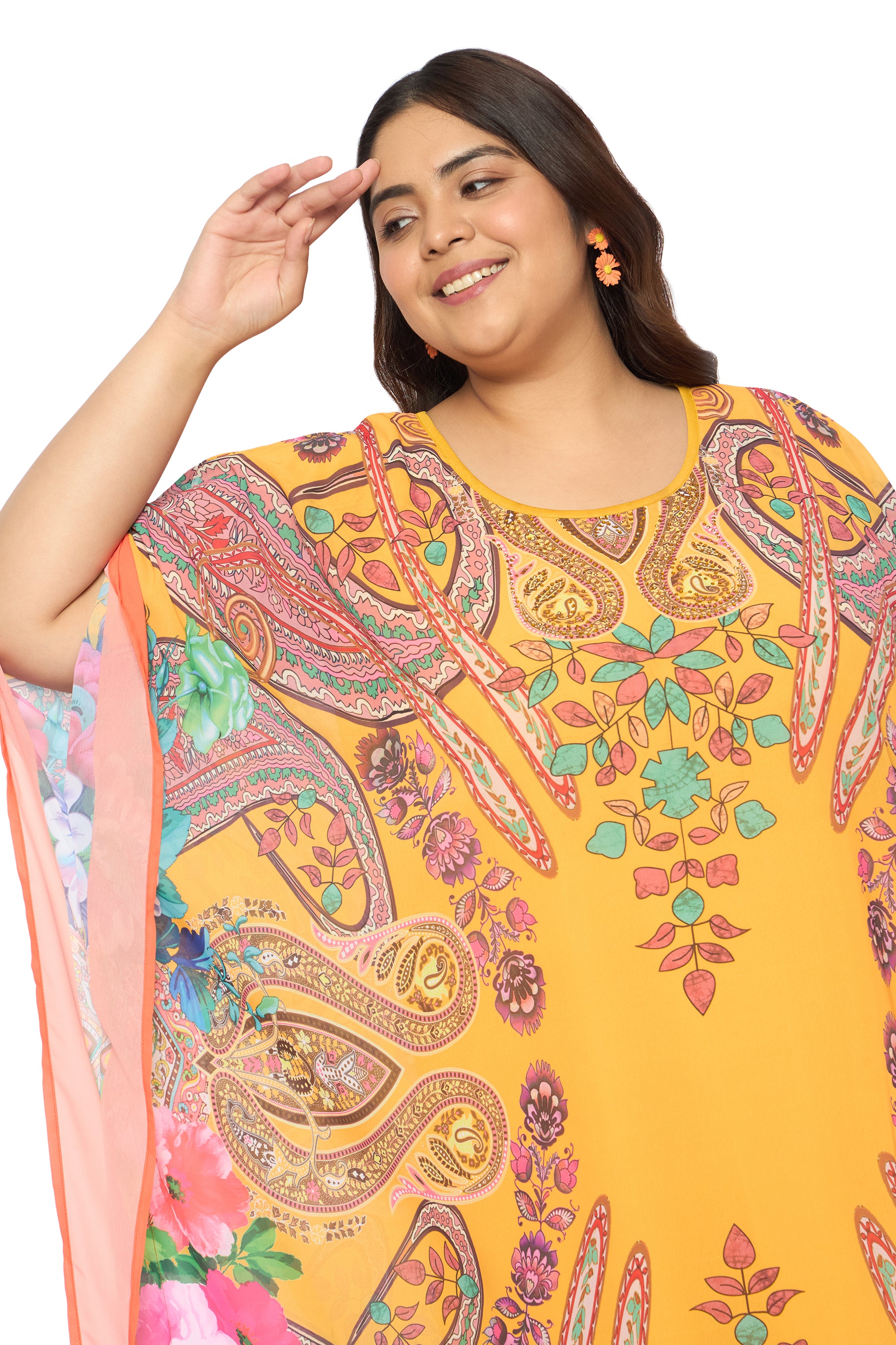 Paisley Yellow Georgette Plus Size Round Neck Long Kaftan Dress for Women