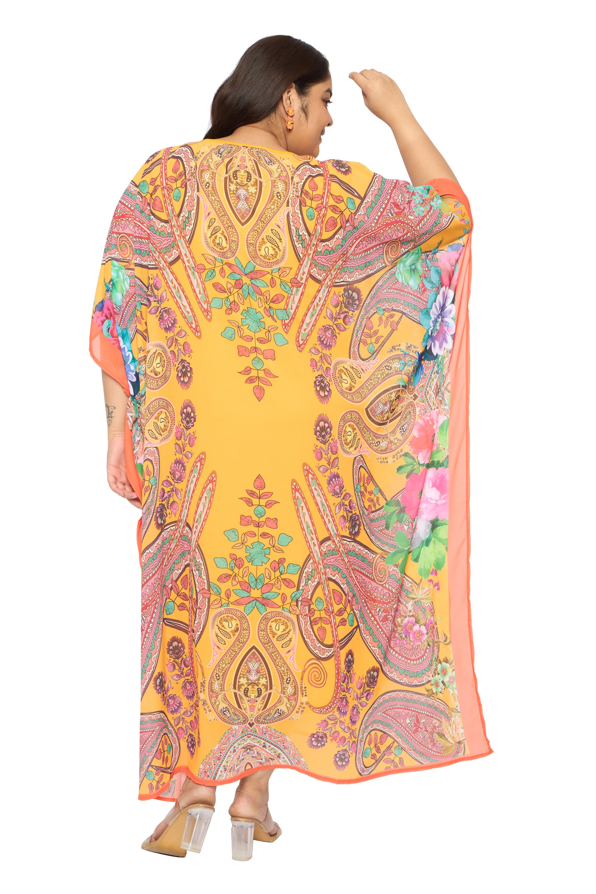 Paisley Yellow Georgette Plus Size Round Neck Long Kaftan Dress for Women