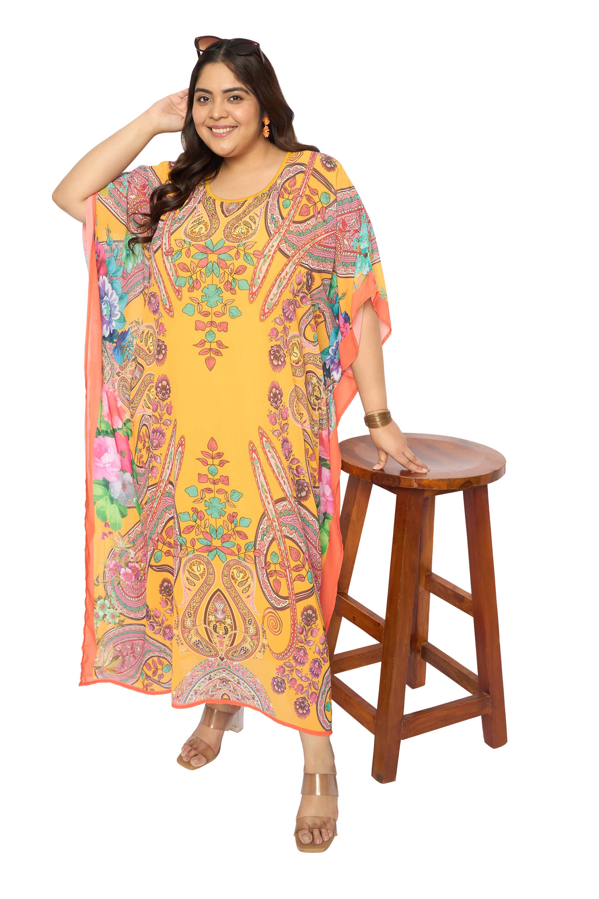 Paisley Yellow Georgette Plus Size Round Neck Long Kaftan Dress for Women