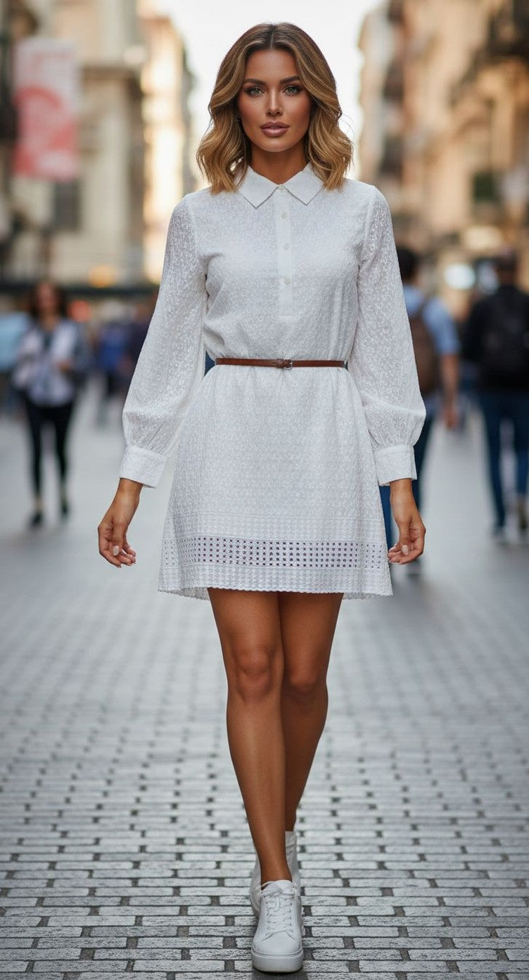 Women's White Embroidered Cotton Summer Casual Mini Dress - S M L XL - SKU NV-S26-41 S - Gypsie Blu