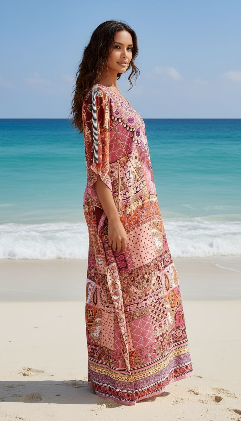 Ornamental Red Satin Silk Caftan Dress For Women Plus Size