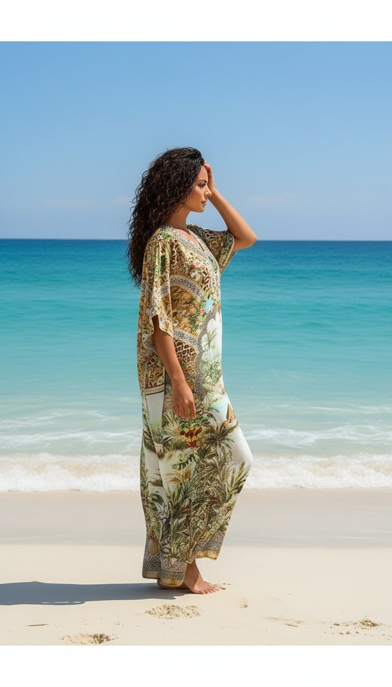 Floral Olive Green Satin Silk Women Plus Size Kaftan Dress